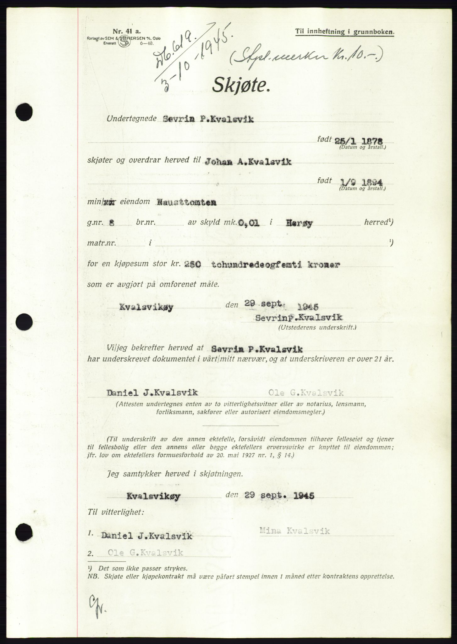 Søre Sunnmøre sorenskriveri, SAT/A-4122/1/2/2C/L0077: Pantebok nr. 3A, 1945-1946, Dagboknr: 619/1945