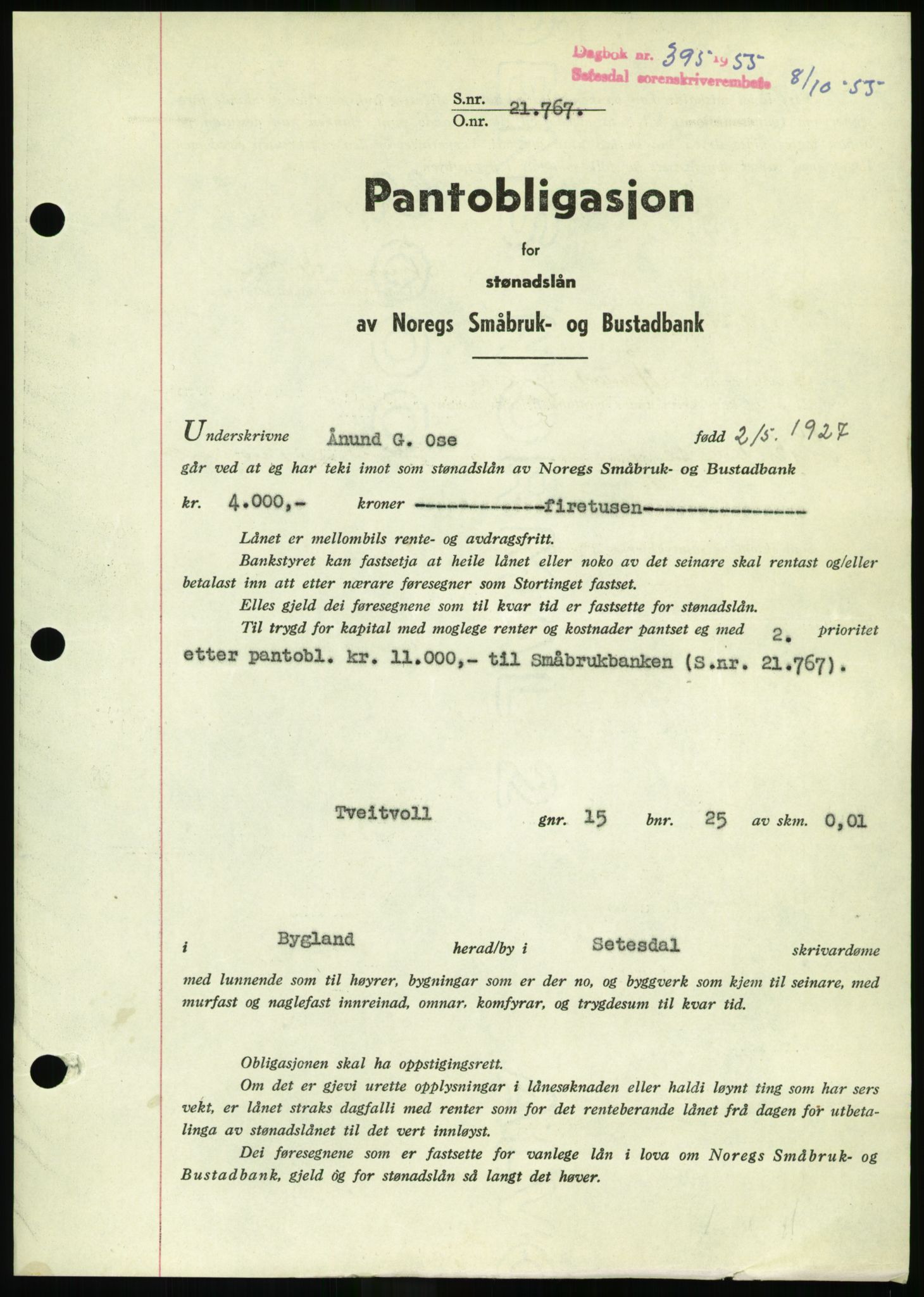 Setesdal sorenskriveri, SAK/1221-0011/G/Gb/L0052: Pantebok nr. B 40, 1954-1955, Dagboknr: 395/1955