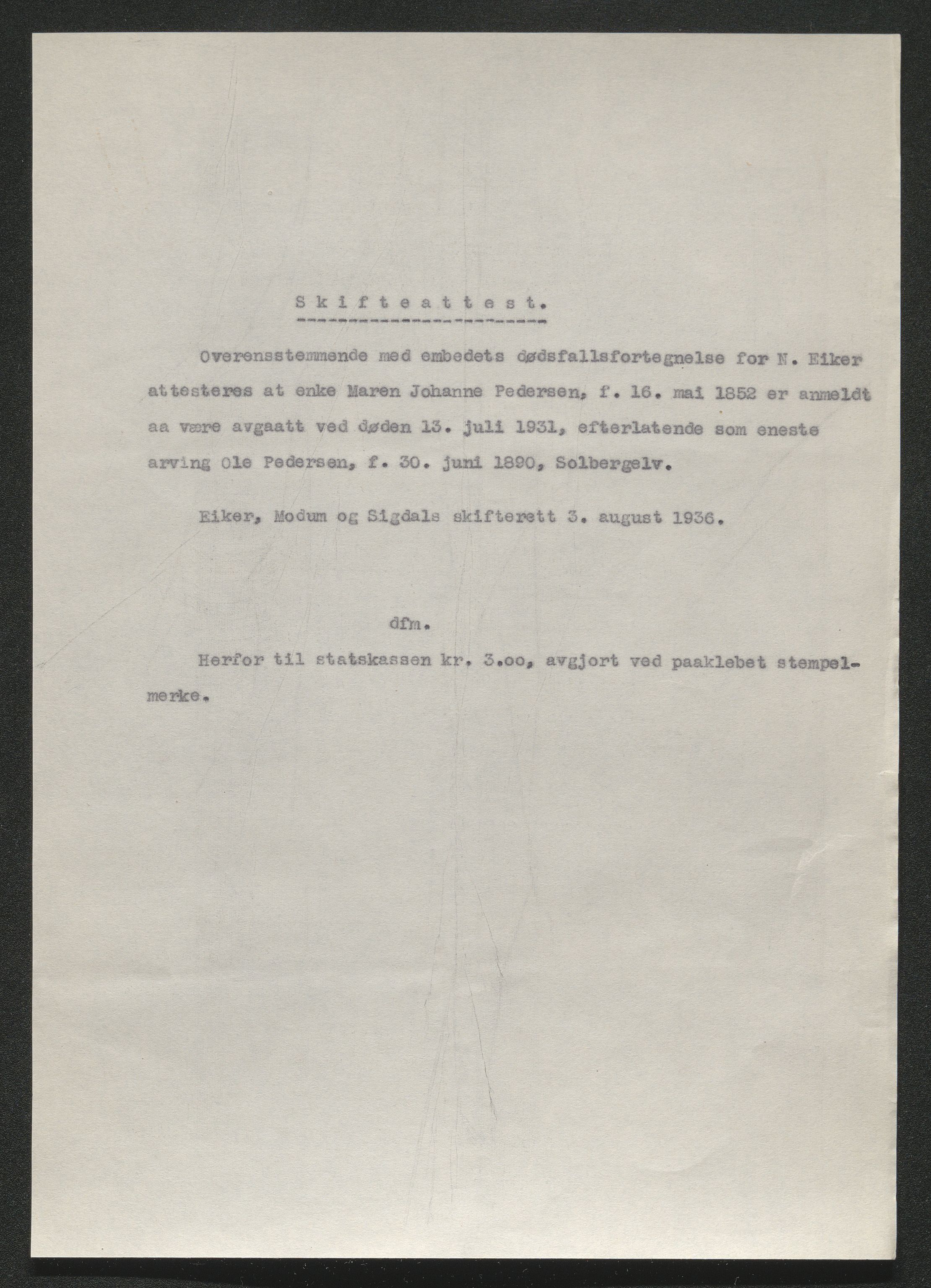 Eiker, Modum og Sigdal sorenskriveri, AV/SAKO-A-123/H/Ha/Hab/L0046: Dødsfallsmeldinger, 1930-1931, s. 1005