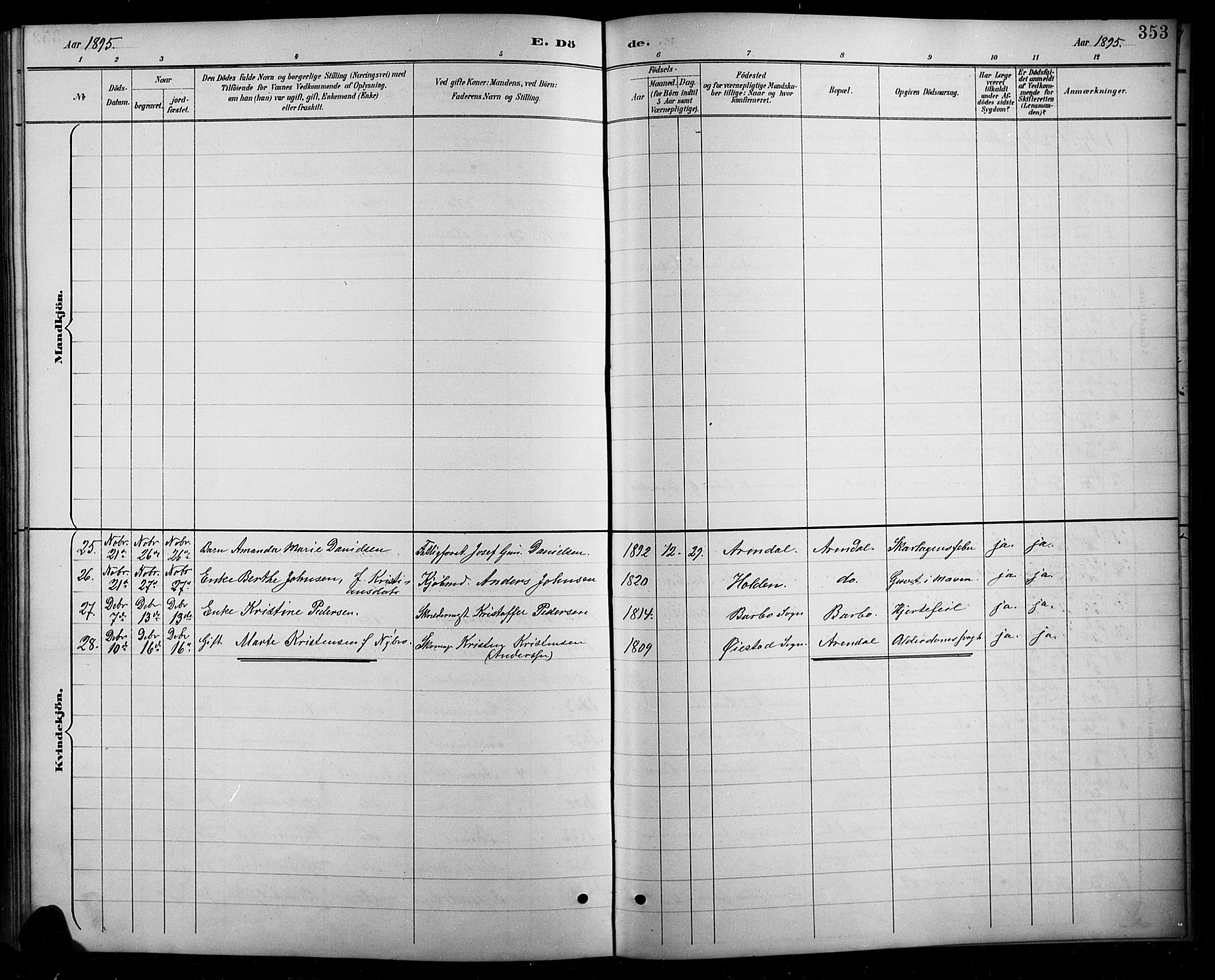 Arendal sokneprestkontor, Trefoldighet, AV/SAK-1111-0040/F/Fb/L0006: Klokkerbok nr. B 6, 1889-1916, s. 353