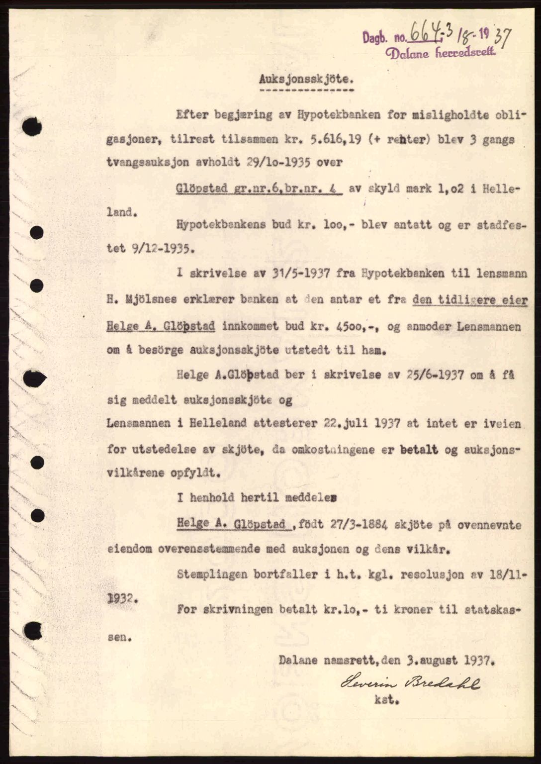 Dalane sorenskriveri, SAST/A-100309/02/G/Gb/L0041: Pantebok nr. A2, 1936-1937, Dagboknr: 664/1937