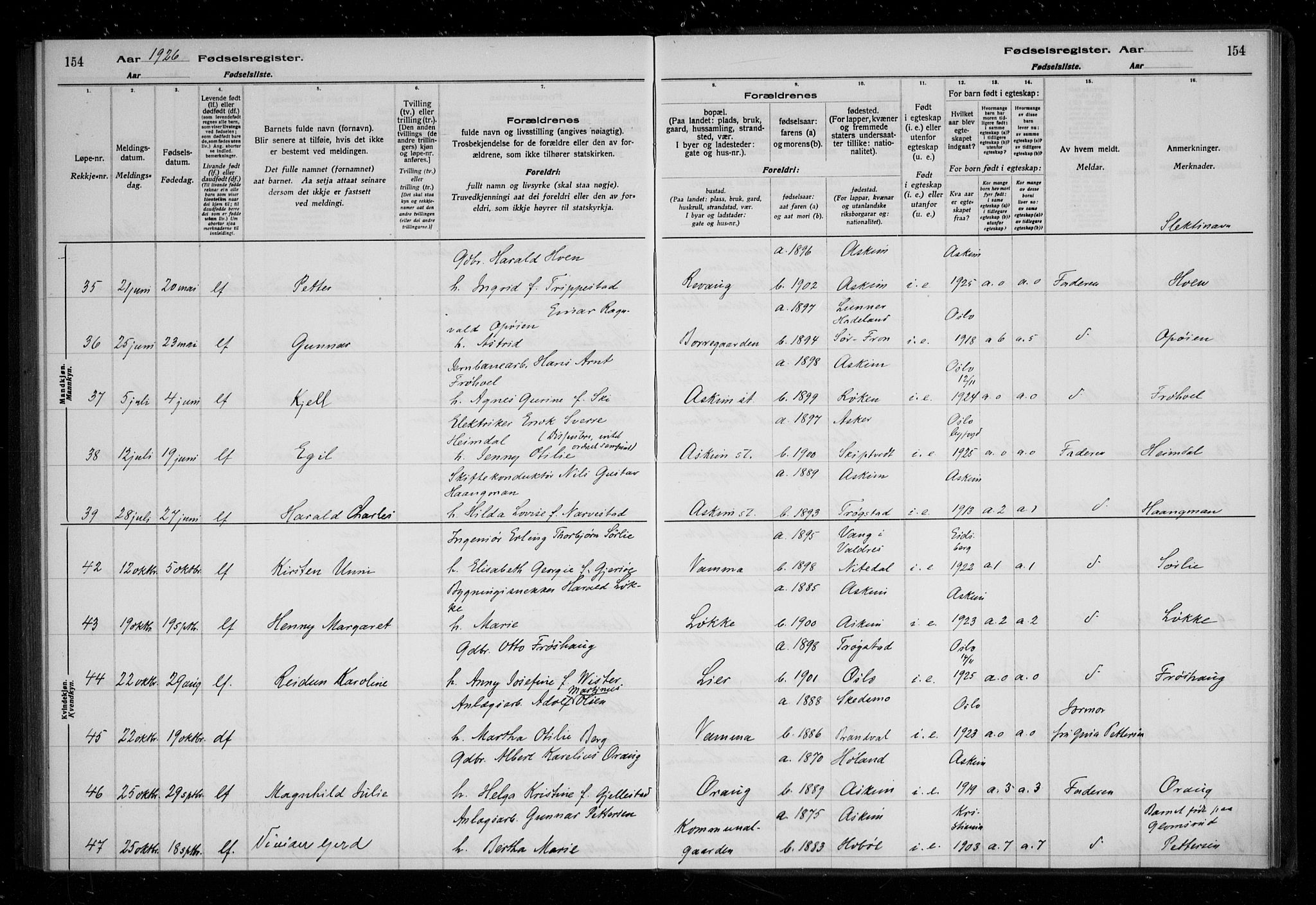 Askim prestekontor Kirkebøker, AV/SAO-A-10900/J/Ja/L0001: Fødselsregister nr. 1, 1916-1929, s. 154