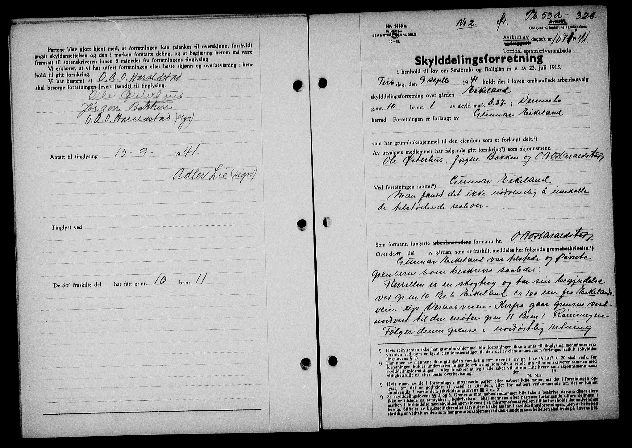 Torridal sorenskriveri, SAK/1221-0012/G/Gb/Gba/L0054: Pantebok nr. 53a, 1940-1941, Dagboknr: 1071/1941