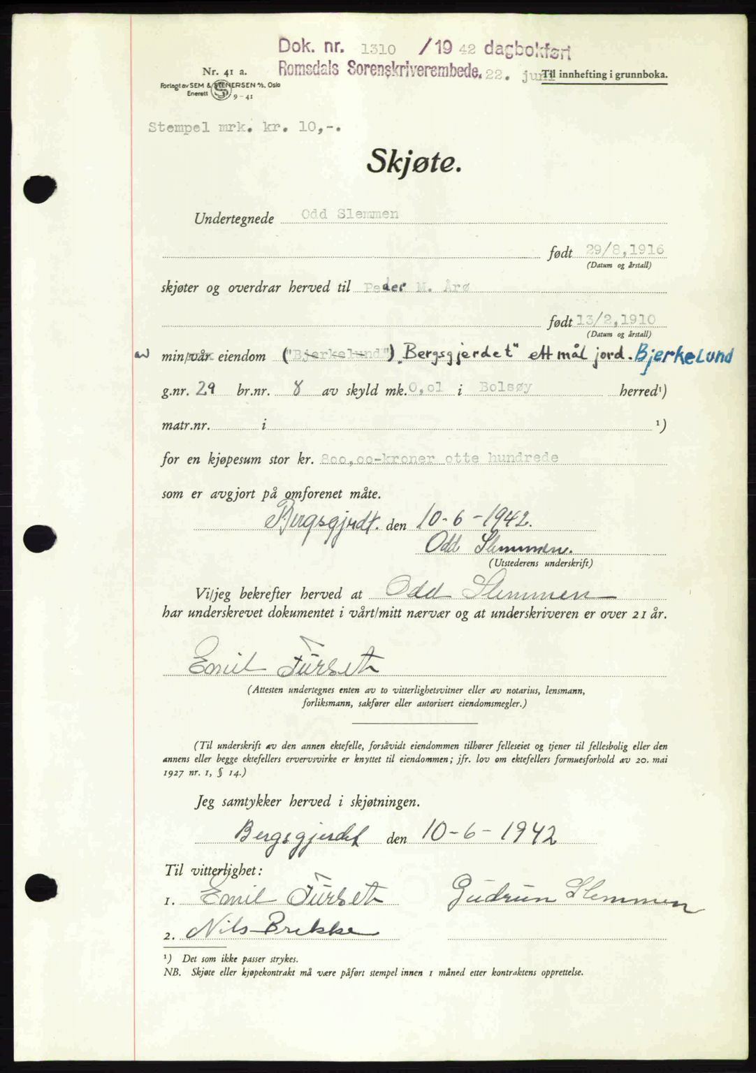 Romsdal sorenskriveri, SAT/A-4149/1/2/2C: Pantebok nr. A12, 1942-1942, Dagboknr: 1310/1942