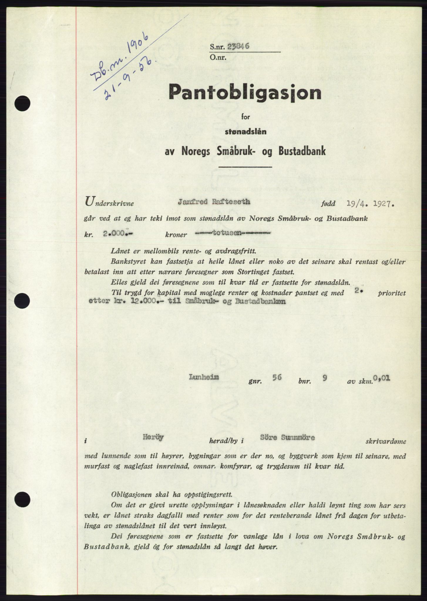 Søre Sunnmøre sorenskriveri, SAT/A-4122/1/2/2C/L0128: Pantebok nr. 16B, 1956-1956, Dagboknr: 1906/1956