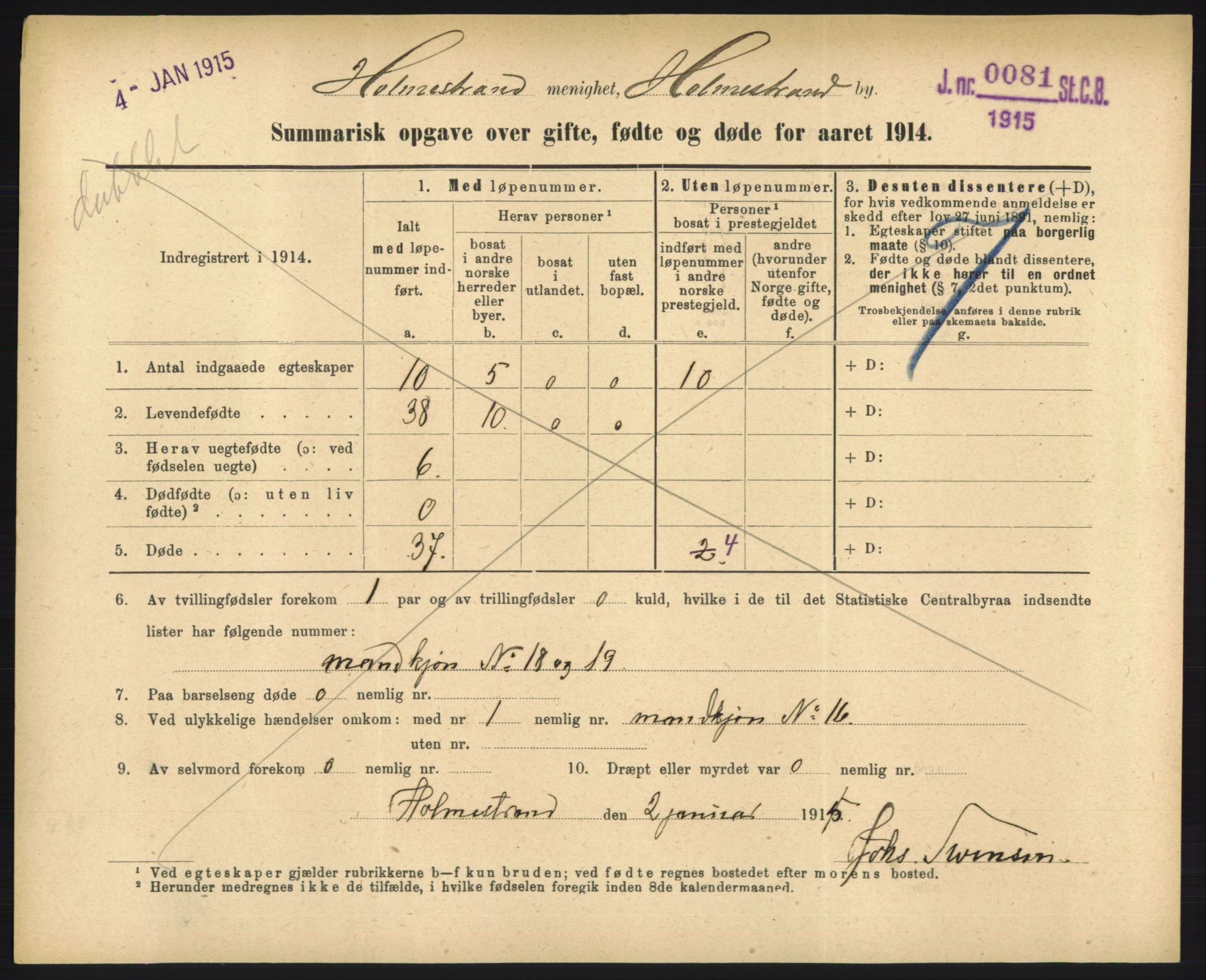 Statistisk sentralbyrå, Sosiodemografiske emner, Befolkning, RA/S-2228/D/Df/Dfb/Dfbd/L0049: Summariske oppgaver over gifte, døde og fødte for hele landet., 1914, s. 707