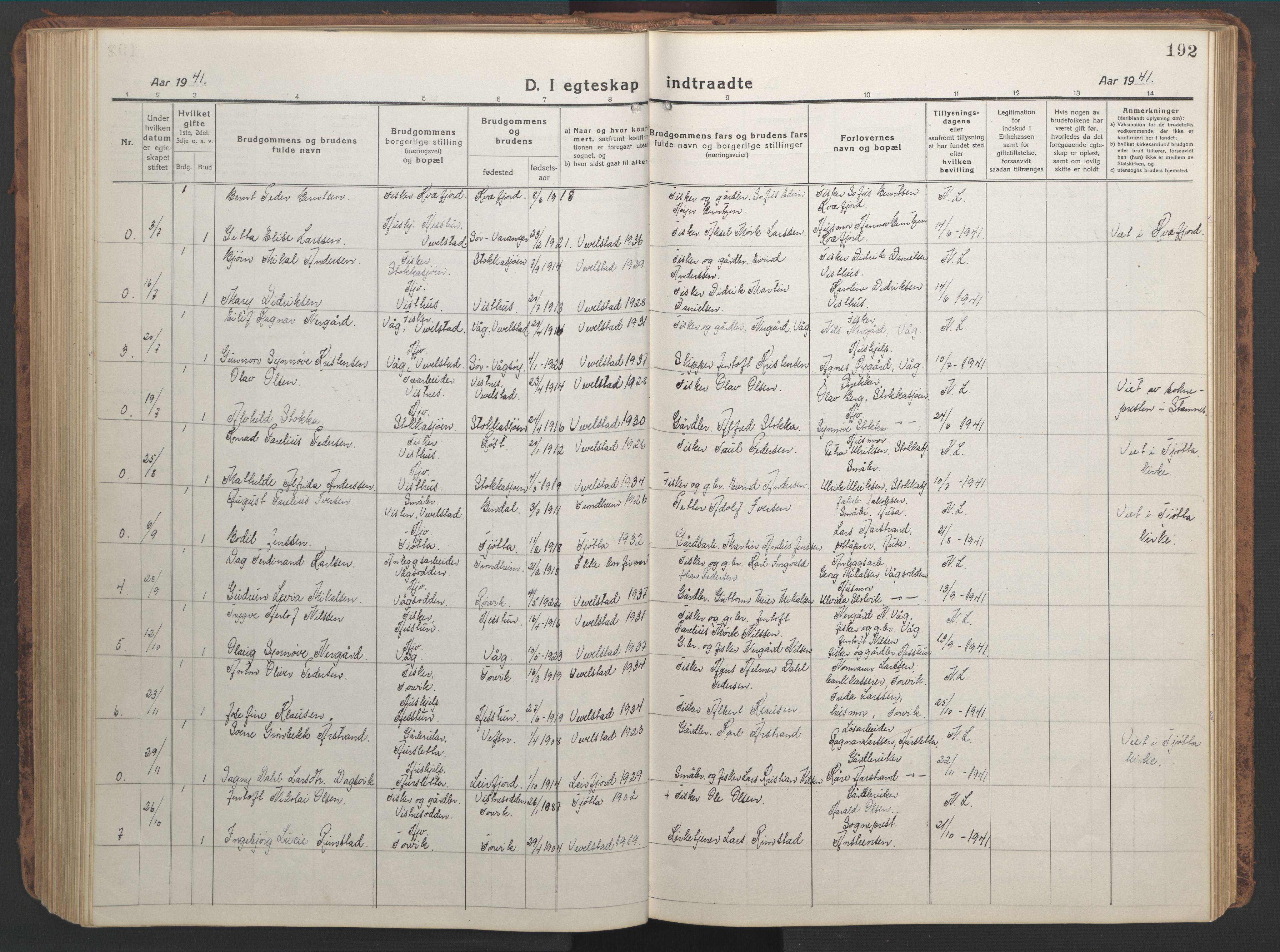 Ministerialprotokoller, klokkerbøker og fødselsregistre - Nordland, AV/SAT-A-1459/819/L0278: Klokkerbok nr. 819C04, 1917-1967, s. 192