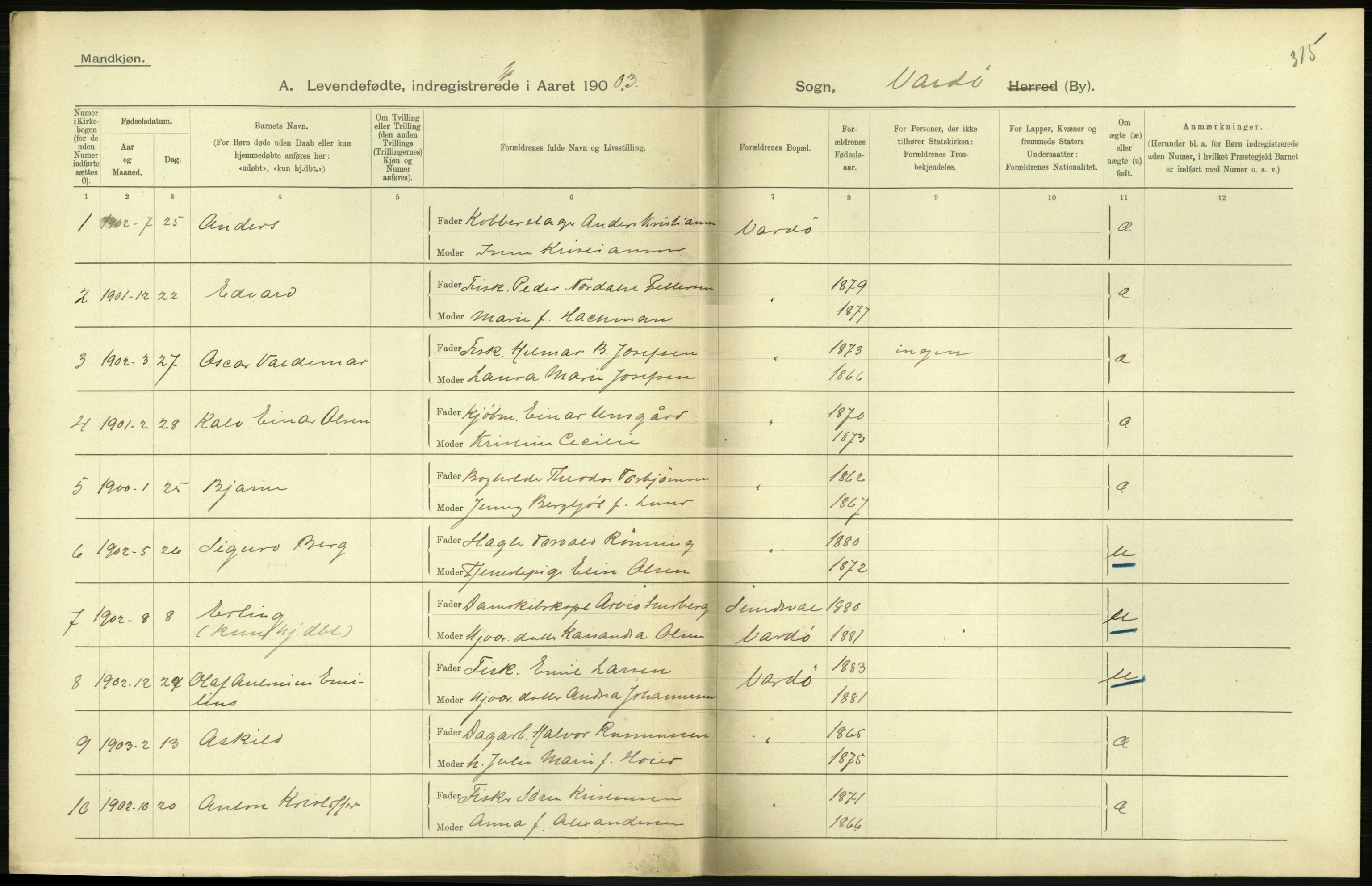 Statistisk sentralbyrå, Sosiodemografiske emner, Befolkning, AV/RA-S-2228/D/Df/Dfa/Dfaa/L0022: Finnmarkens amt: Fødte, gifte, døde., 1903, s. 144