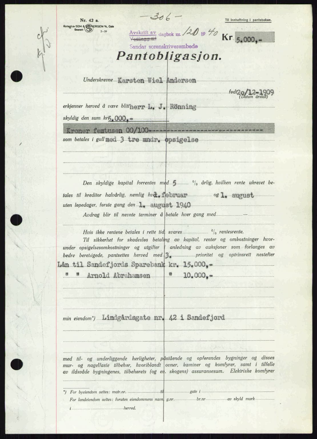 Sandar sorenskriveri, SAKO/A-86/G/Ga/Gab/L0001: Pantebok nr. B-1 og B-3 - B-9, 1936-1944, Dagboknr: 120/1940