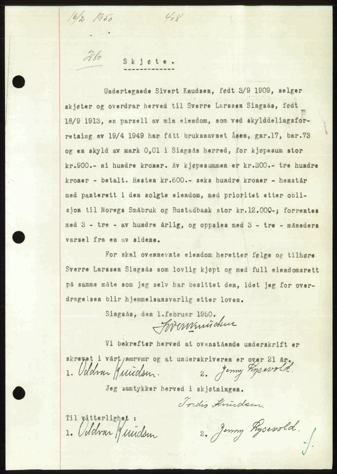 Gauldal sorenskriveri, SAT/A-0014/1/2/2C: Pantebok nr. A9, 1949-1950, Dagboknr: 280/1950