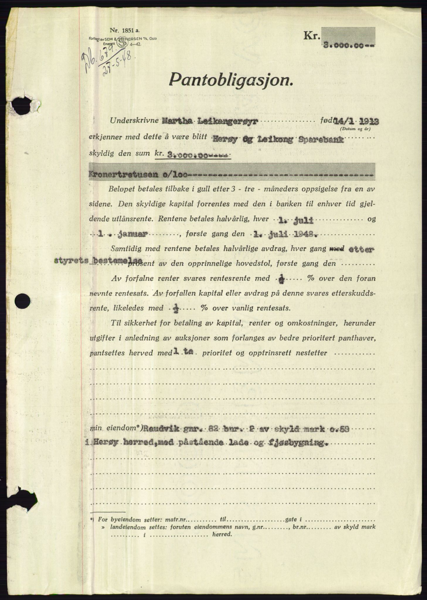 Søre Sunnmøre sorenskriveri, AV/SAT-A-4122/1/2/2C/L0115: Pantebok nr. 3B, 1947-1948, Dagboknr: 679/1948