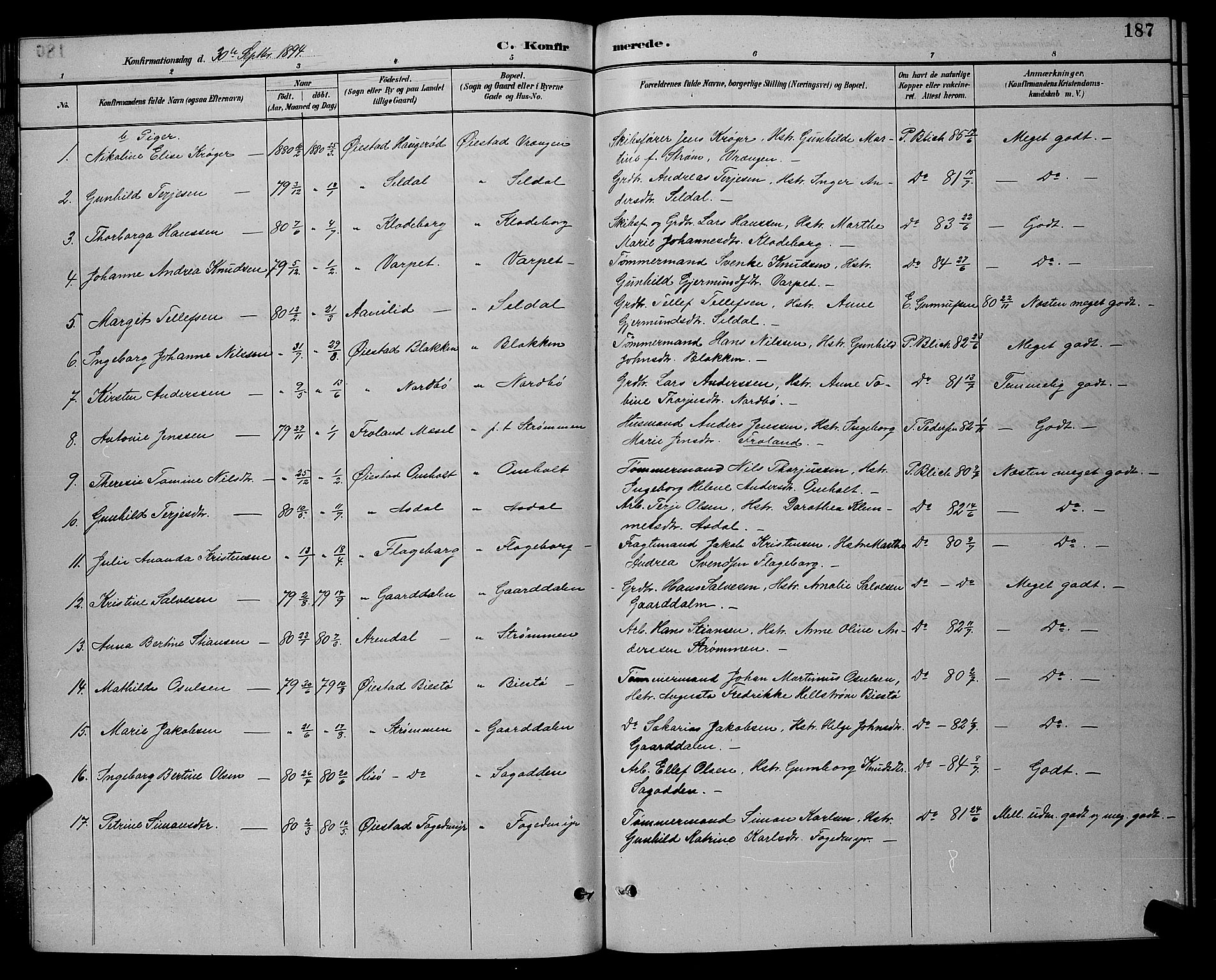 Øyestad sokneprestkontor, AV/SAK-1111-0049/F/Fb/L0009: Klokkerbok nr. B 9, 1886-1896, s. 187