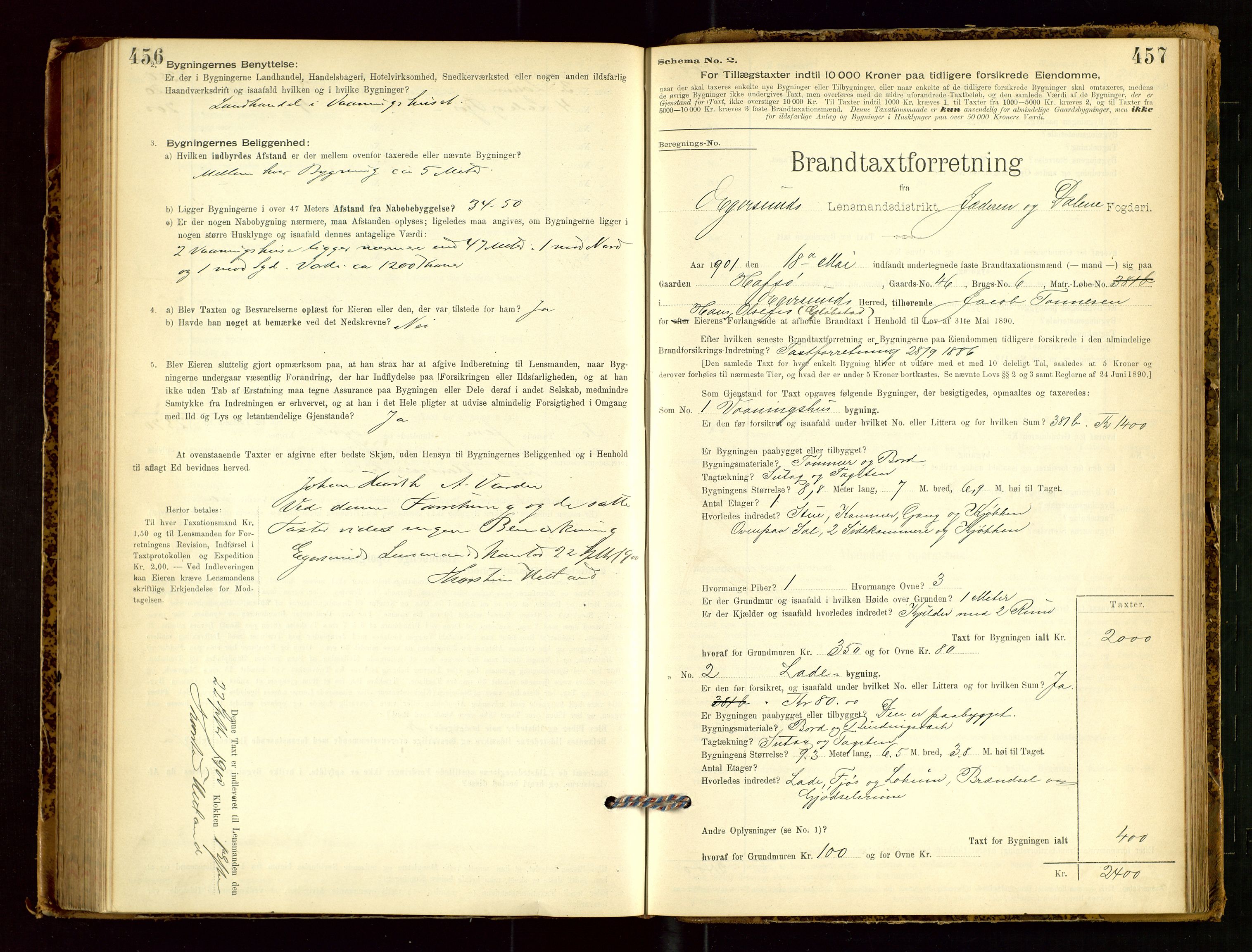 Eigersund lensmannskontor, SAST/A-100171/Gob/L0001: Skjemaprotokoll, 1894-1909, s. 456-457