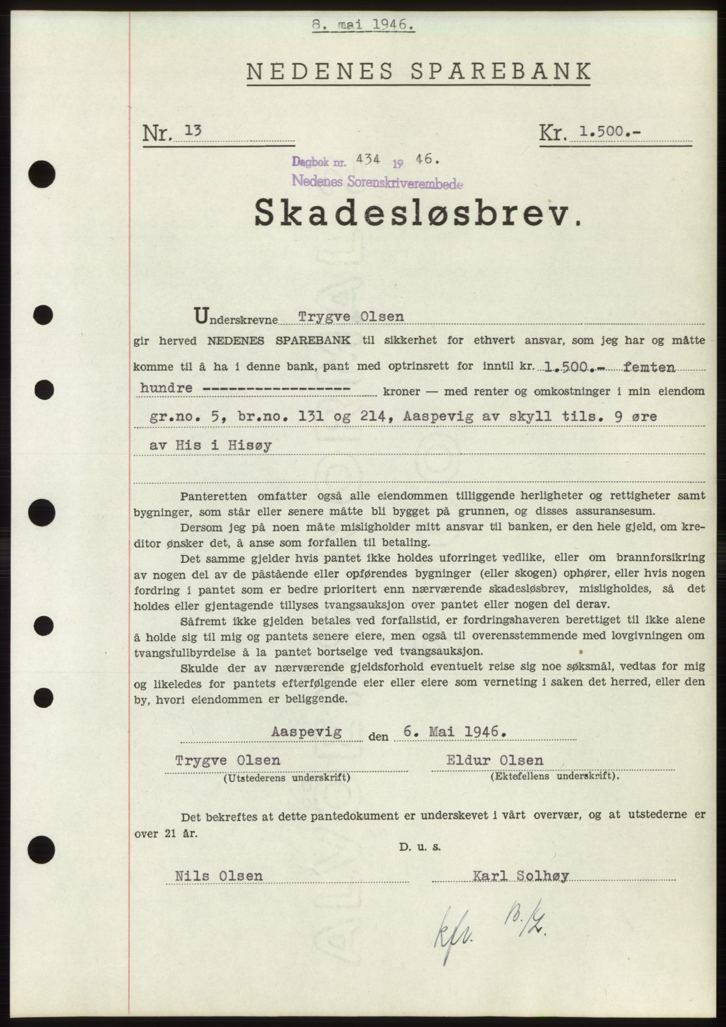 Nedenes sorenskriveri, SAK/1221-0006/G/Gb/Gbb/L0003: Pantebok nr. B3b, 1946-1946, Dagboknr: 434/1946