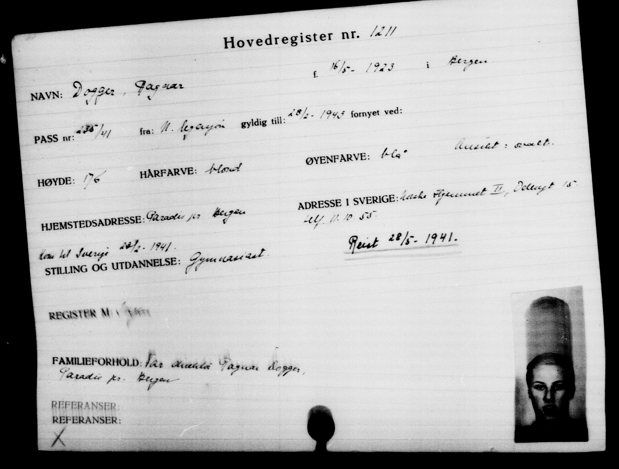 Utenriksstasjonene, Legasjonen i Stockholm, Flyktningkontoret, AV/RA-S-6753/V/Va/L0002: Kjesäterkartoteket, flyktninger med registreringsnr. 1001-2000, 1940-1945, s. 318