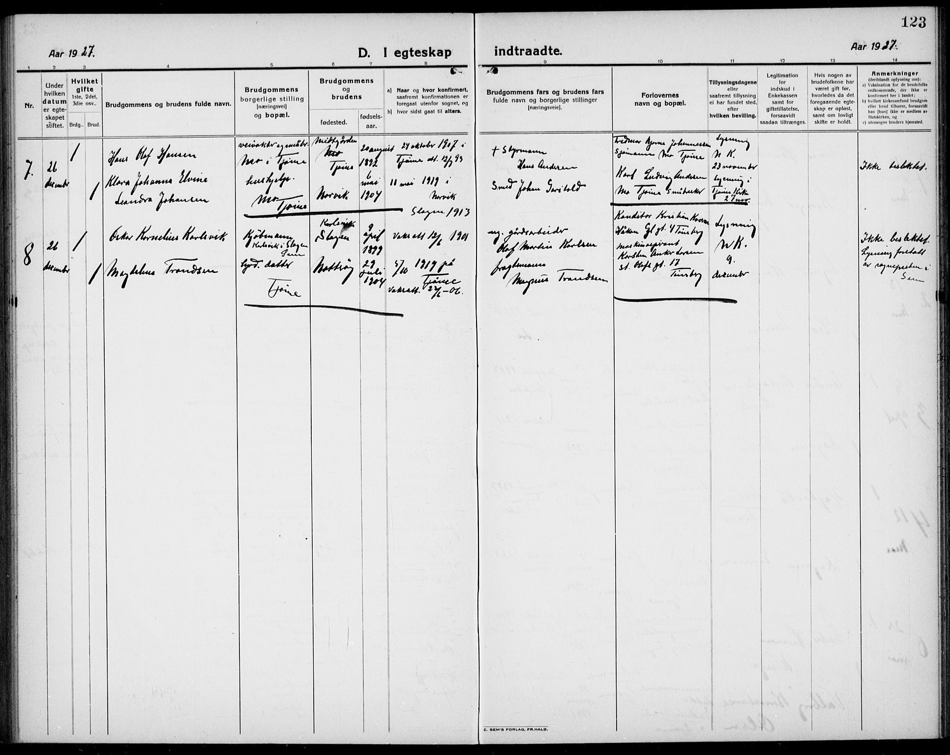 Tjøme kirkebøker, AV/SAKO-A-328/G/Ga/L0003: Klokkerbok nr. I 3, 1921-1935, s. 123