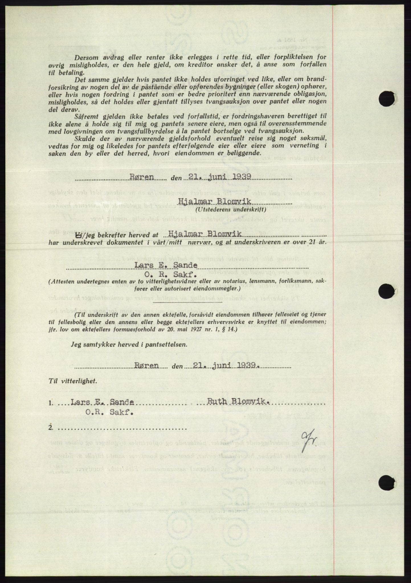 Søre Sunnmøre sorenskriveri, AV/SAT-A-4122/1/2/2C/L0068: Pantebok nr. 62, 1939-1939, Dagboknr: 991/1939