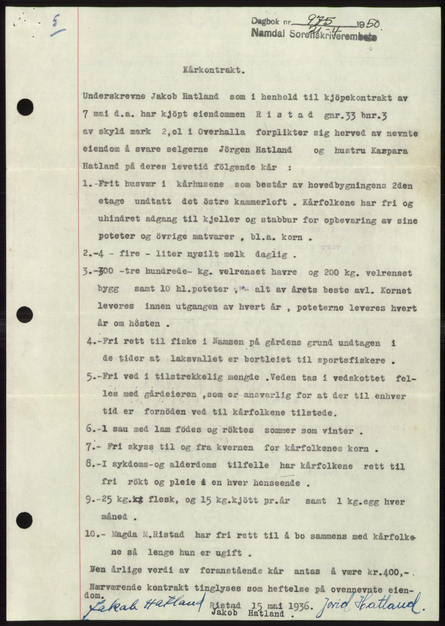 Namdal sorenskriveri, AV/SAT-A-4133/1/2/2C: Pantebok nr. -, 1950-1950, Dagboknr: 975/1950