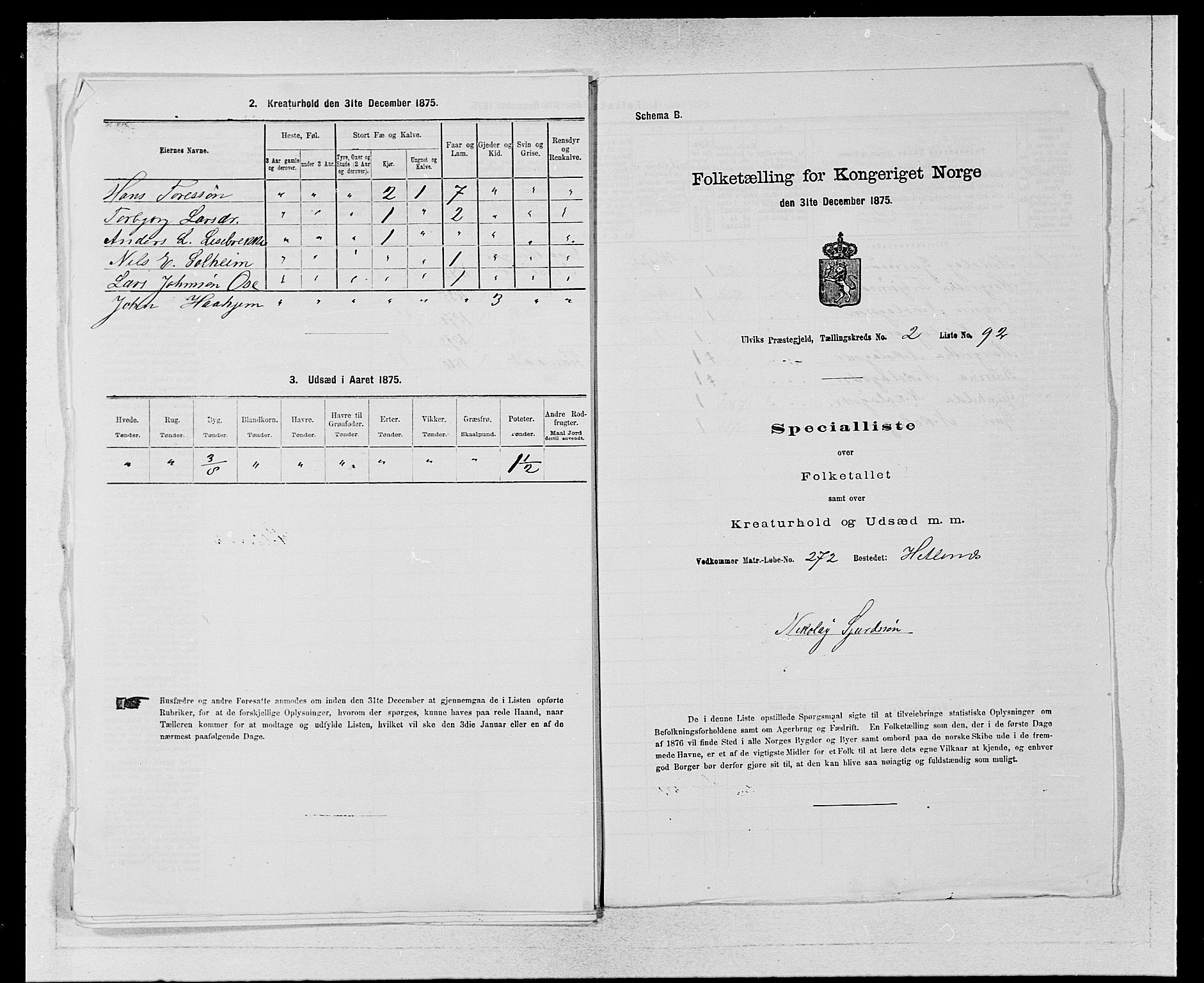 SAB, Folketelling 1875 for 1233P Ulvik prestegjeld, 1875, s. 485