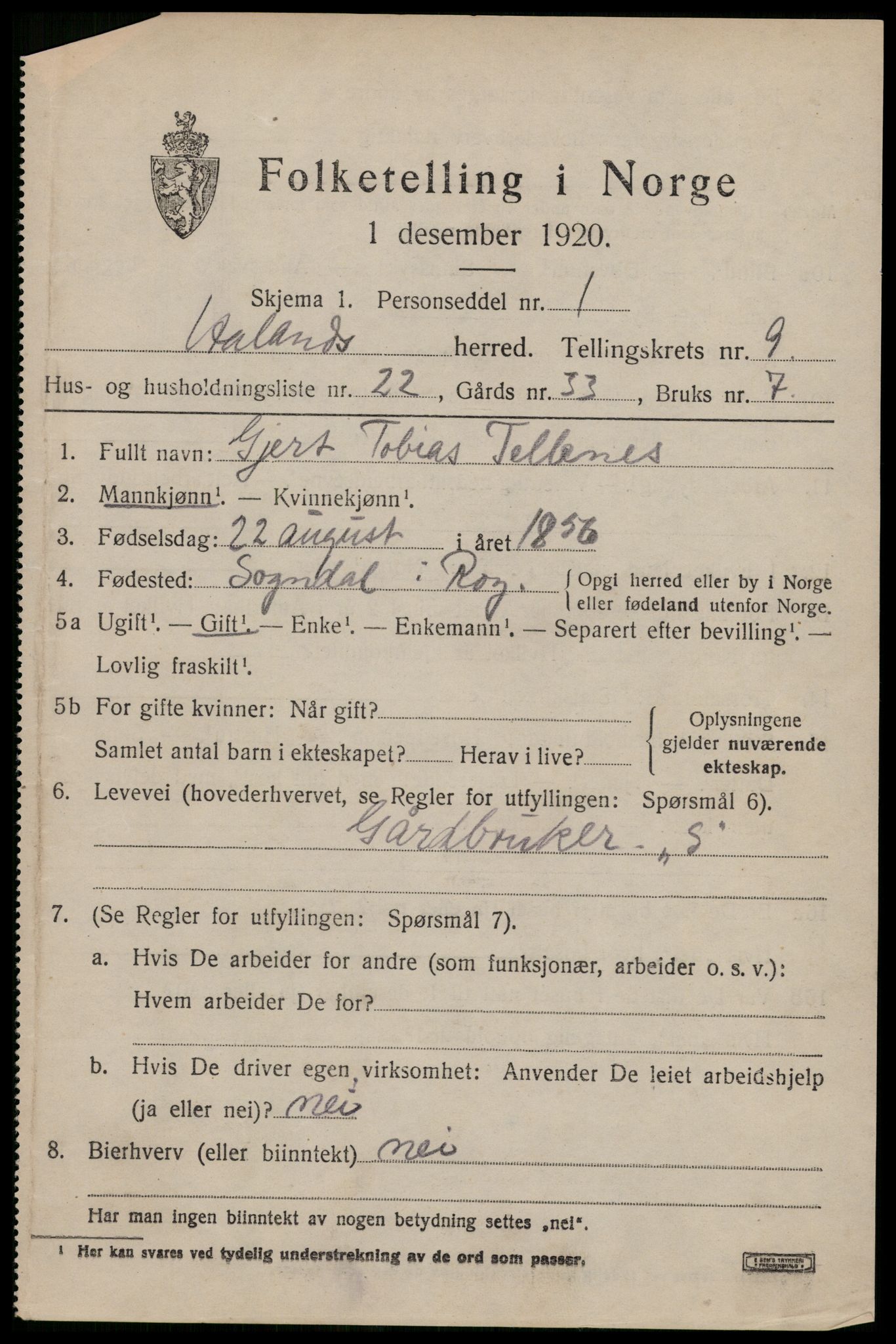 SAST, Folketelling 1920 for 1124 Håland herred, 1920, s. 7211