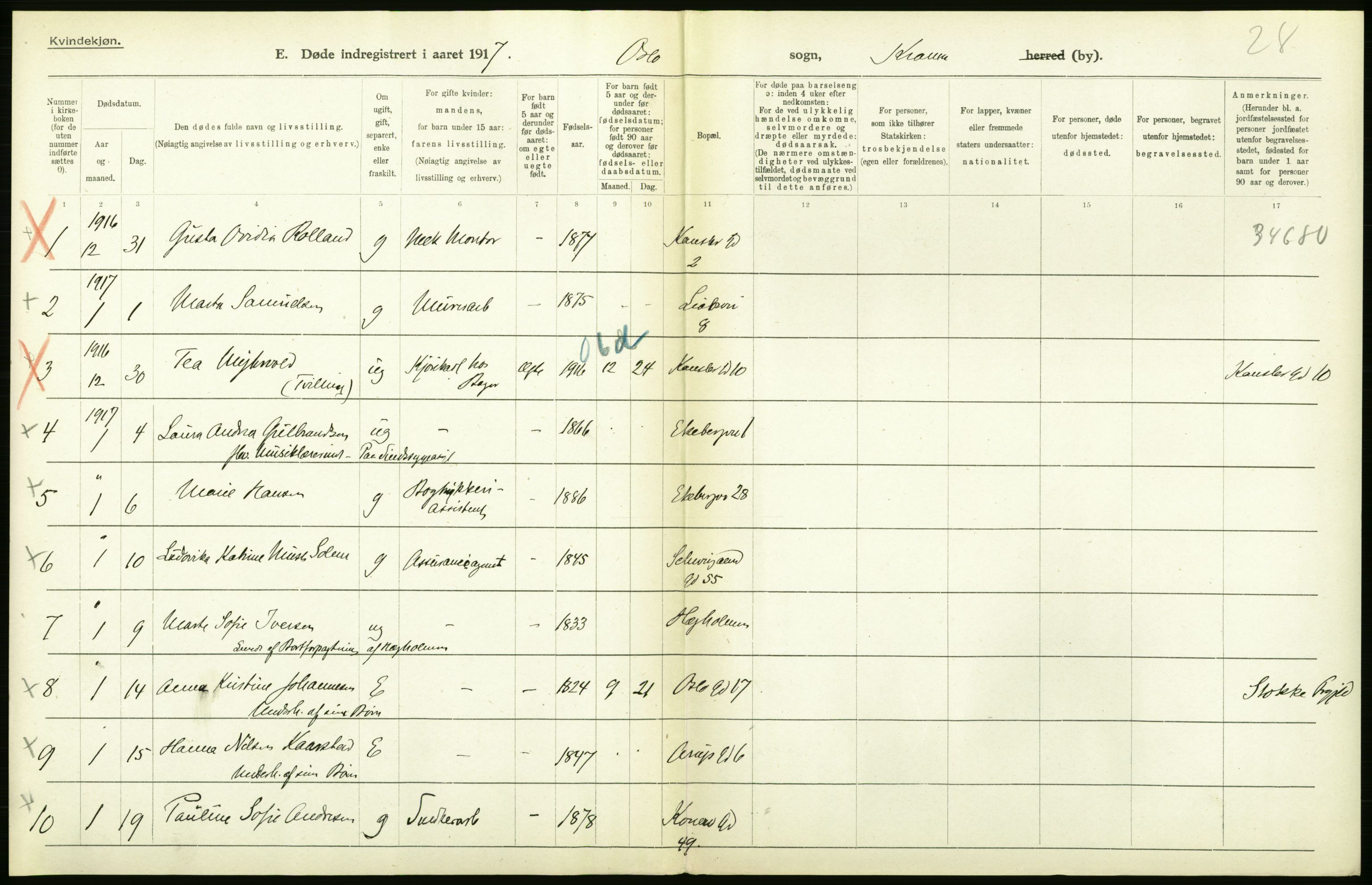 Statistisk sentralbyrå, Sosiodemografiske emner, Befolkning, AV/RA-S-2228/D/Df/Dfb/Dfbg/L0011: Kristiania: Døde, dødfødte., 1917, s. 152