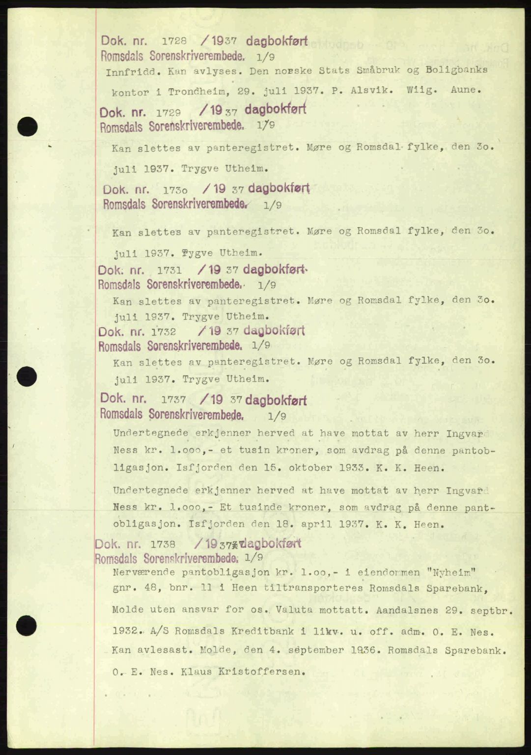 Romsdal sorenskriveri, AV/SAT-A-4149/1/2/2C: Pantebok nr. C1a, 1936-1945, Dagboknr: 1728/1937