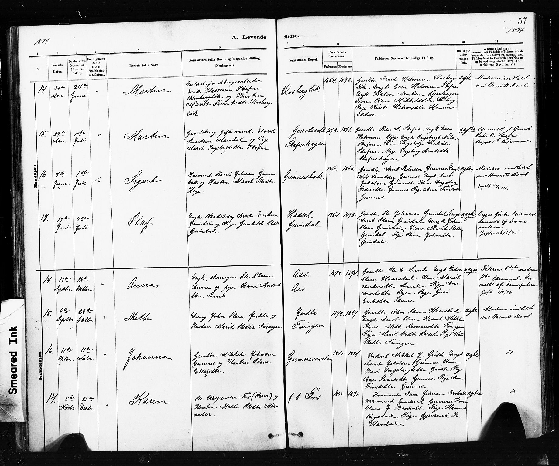 Ministerialprotokoller, klokkerbøker og fødselsregistre - Sør-Trøndelag, SAT/A-1456/674/L0871: Ministerialbok nr. 674A03, 1880-1896, s. 57