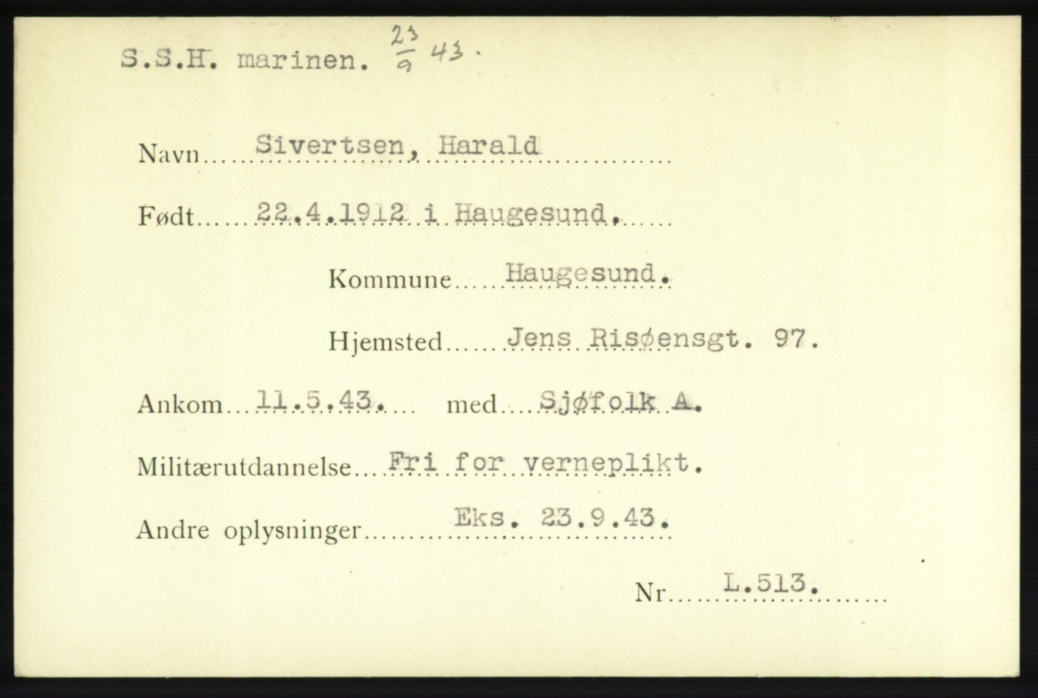 Forsvarets Overkommando. 2. kontor. Arkiv 8.1. Mottakersentralen FDE og FO.II, AV/RA-RAFA-6952/P/Pa/L0018: Sivertsen - Storli, 1940-1945