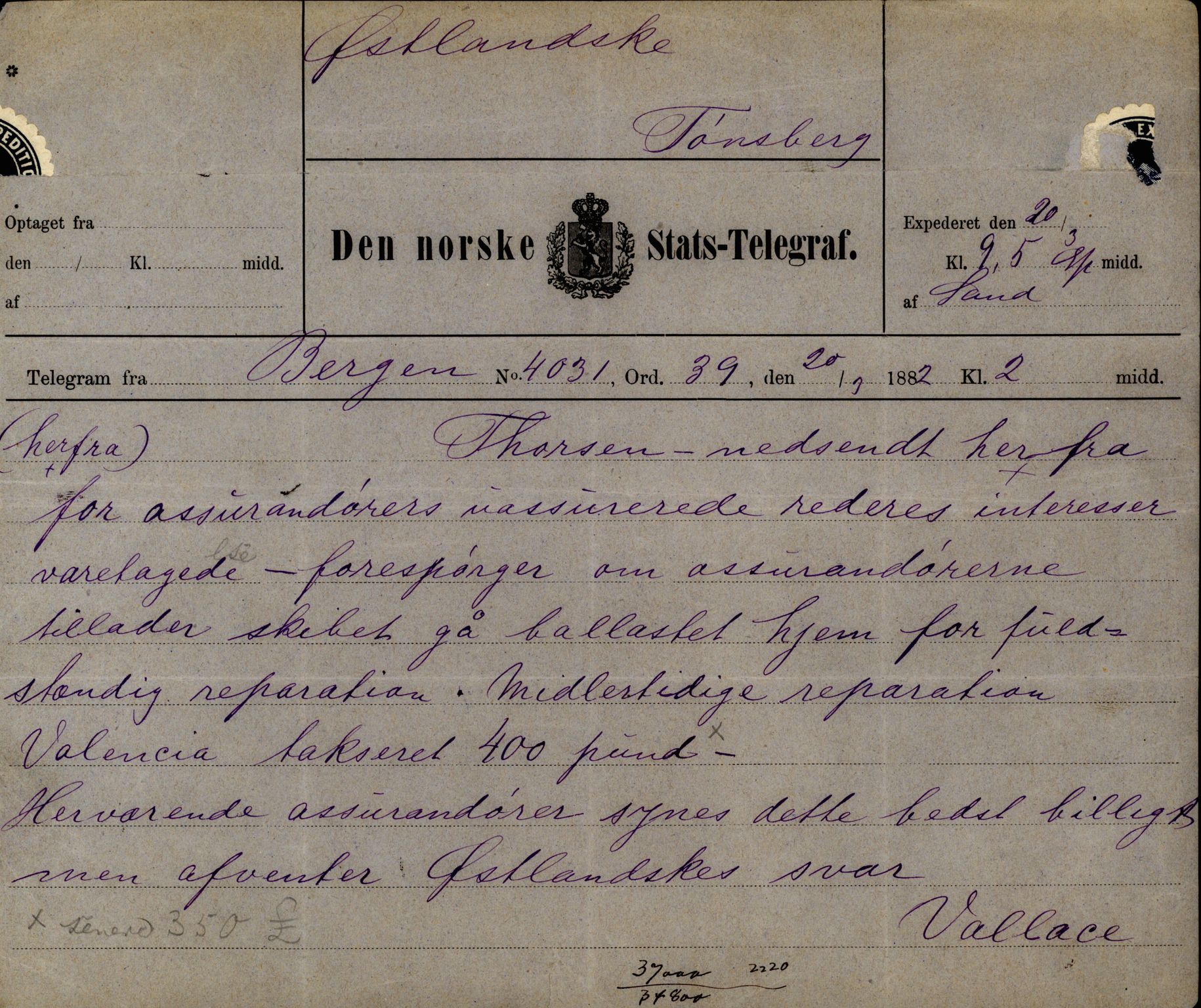 Pa 63 - Østlandske skibsassuranceforening, VEMU/A-1079/G/Ga/L0015/0010: Havaridokumenter / Cuba, Sirius, Freyr, Noatun, Frey, 1882, s. 90