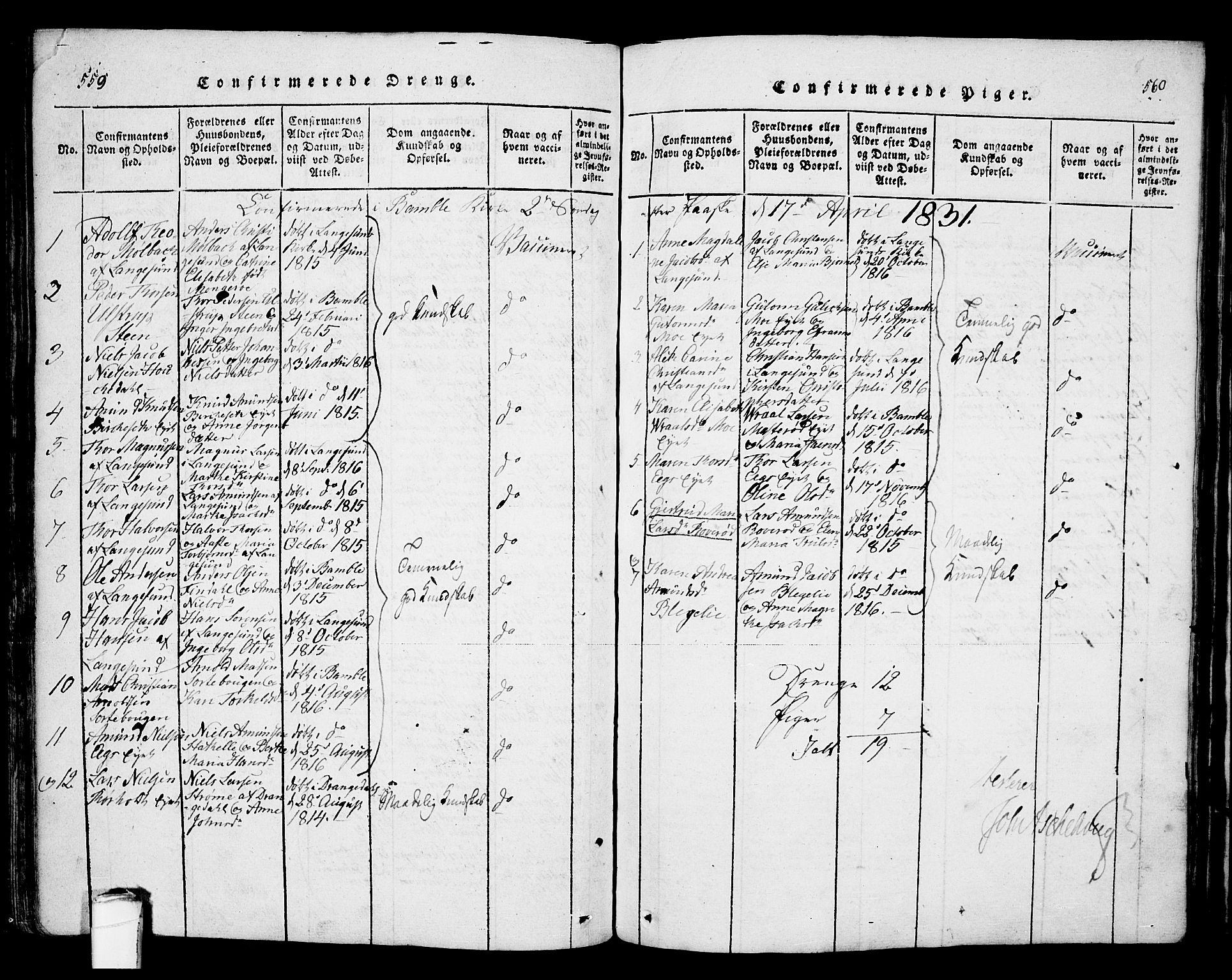 Bamble kirkebøker, AV/SAKO-A-253/F/Fa/L0003: Ministerialbok nr. I 3 /1, 1814-1834, s. 559-560