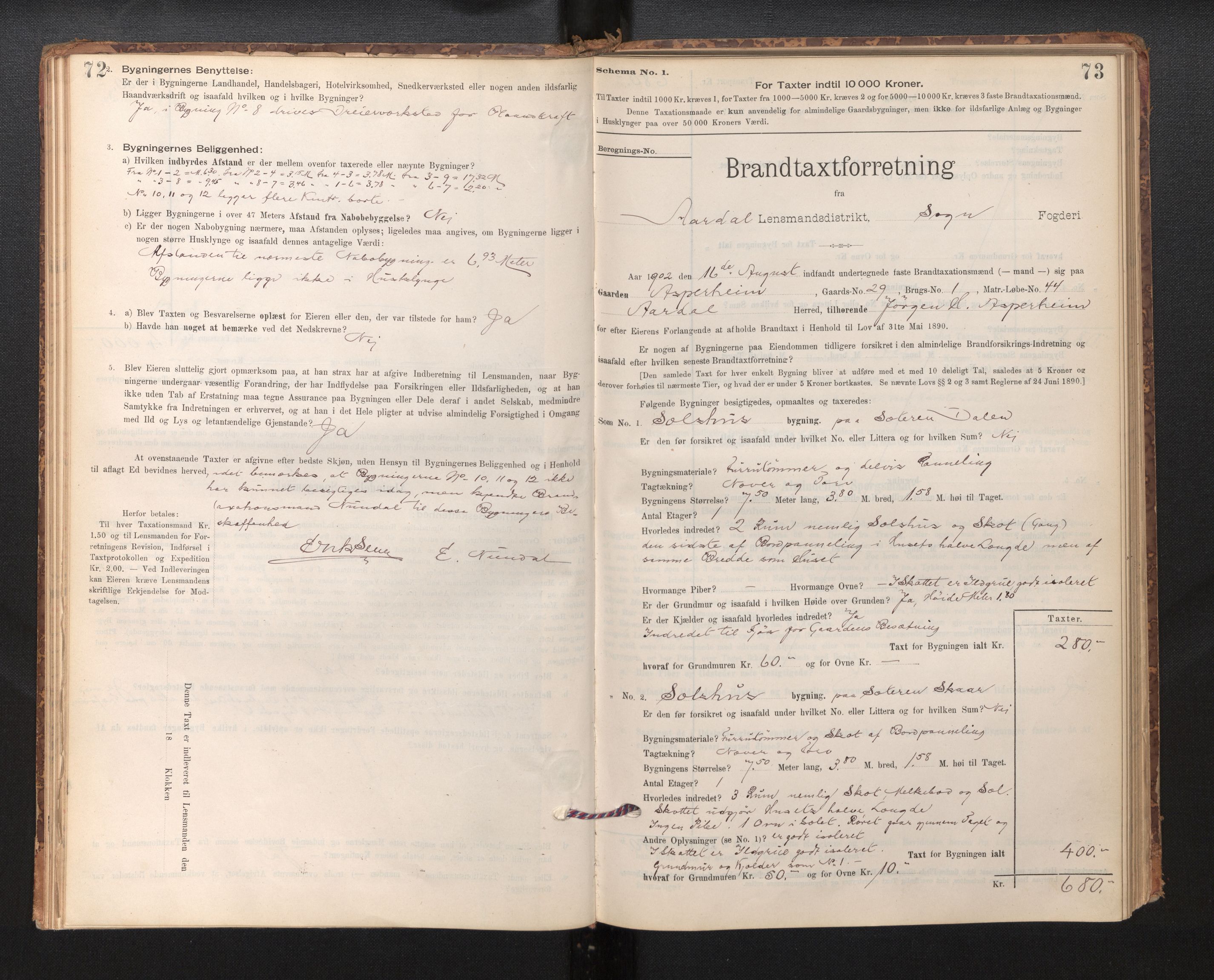 Lensmannen i Årdal, AV/SAB-A-30501/0012/L0008: Branntakstprotokoll, skjematakst, 1895-1915, s. 72-73