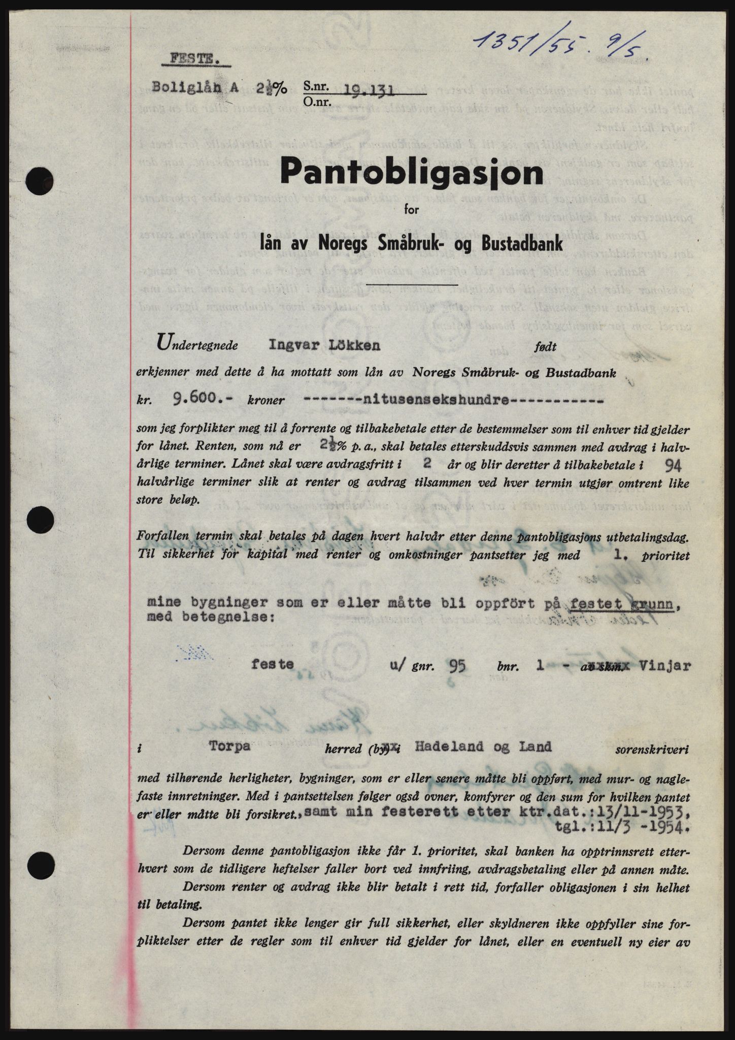 Hadeland og Land tingrett, SAH/TING-010/H/Hb/Hbc/L0032: Pantebok nr. B32, 1955-1955, Dagboknr: 1351/1955