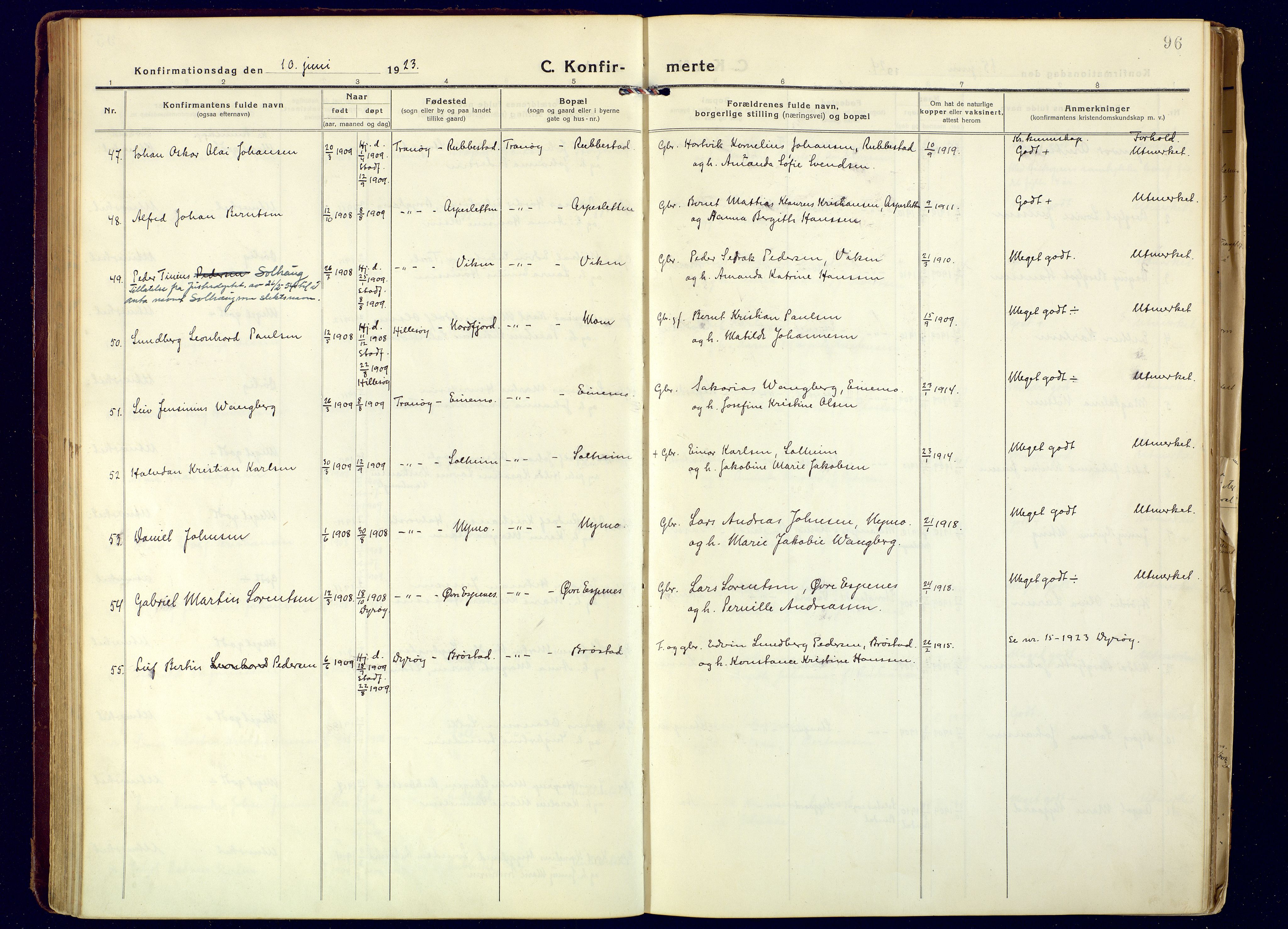 Tranøy sokneprestkontor, AV/SATØ-S-1313/I/Ia/Iaa/L0016kirke: Ministerialbok nr. 16, 1919-1932, s. 96