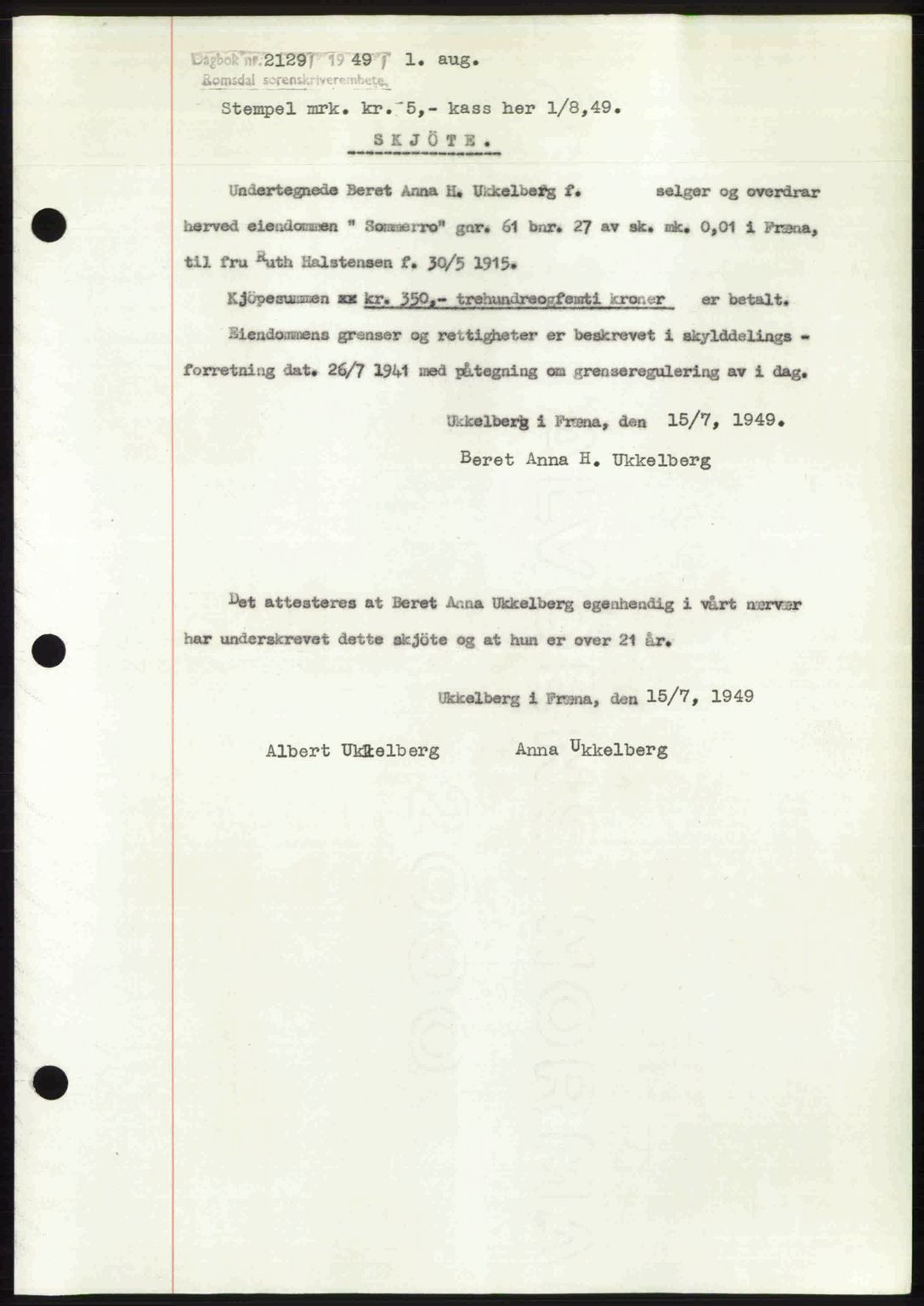 Romsdal sorenskriveri, SAT/A-4149/1/2/2C: Pantebok nr. A30, 1949-1949, Dagboknr: 2129/1949