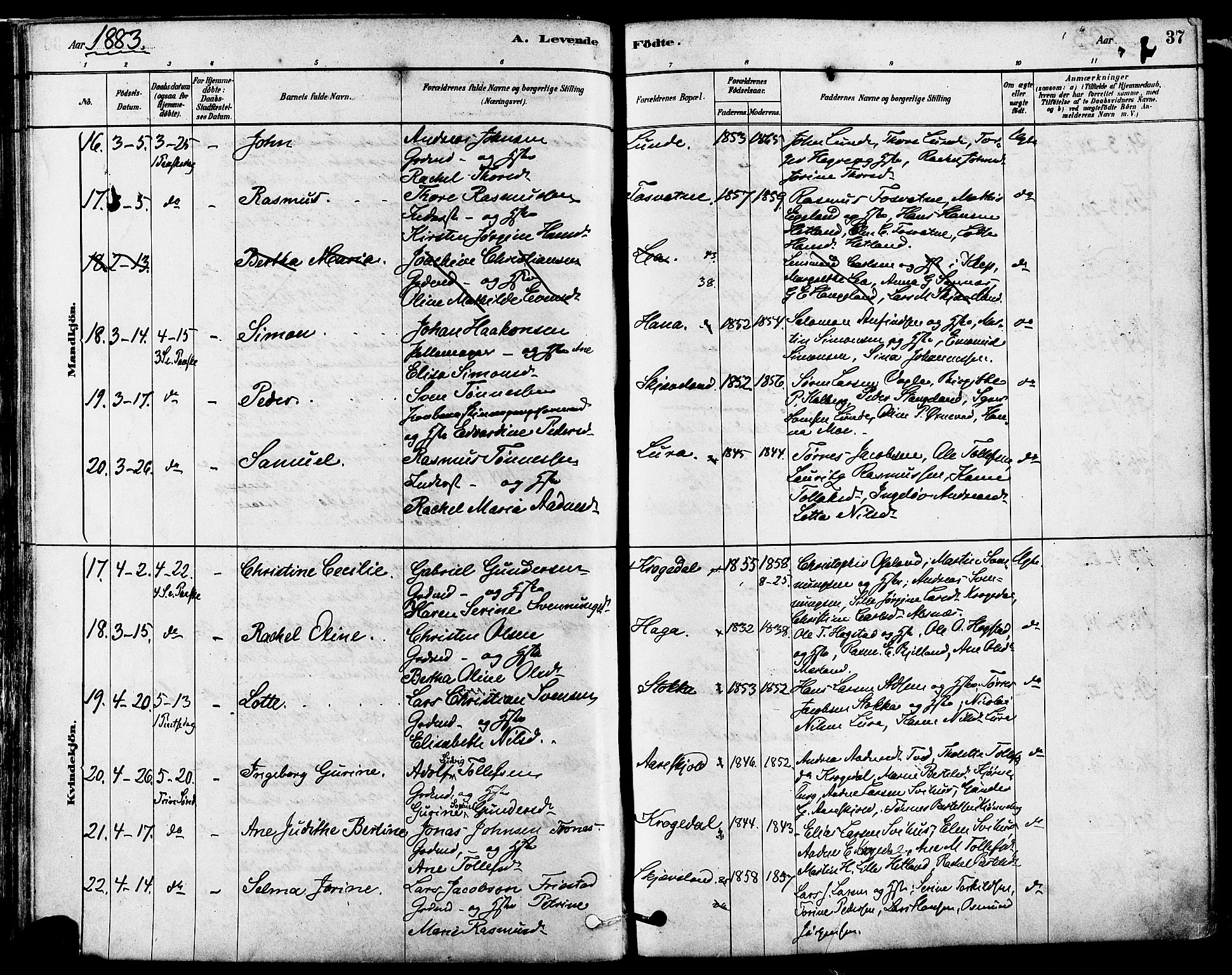 Høyland sokneprestkontor, AV/SAST-A-101799/001/30BA/L0011: Ministerialbok nr. A 10, 1878-1888, s. 37