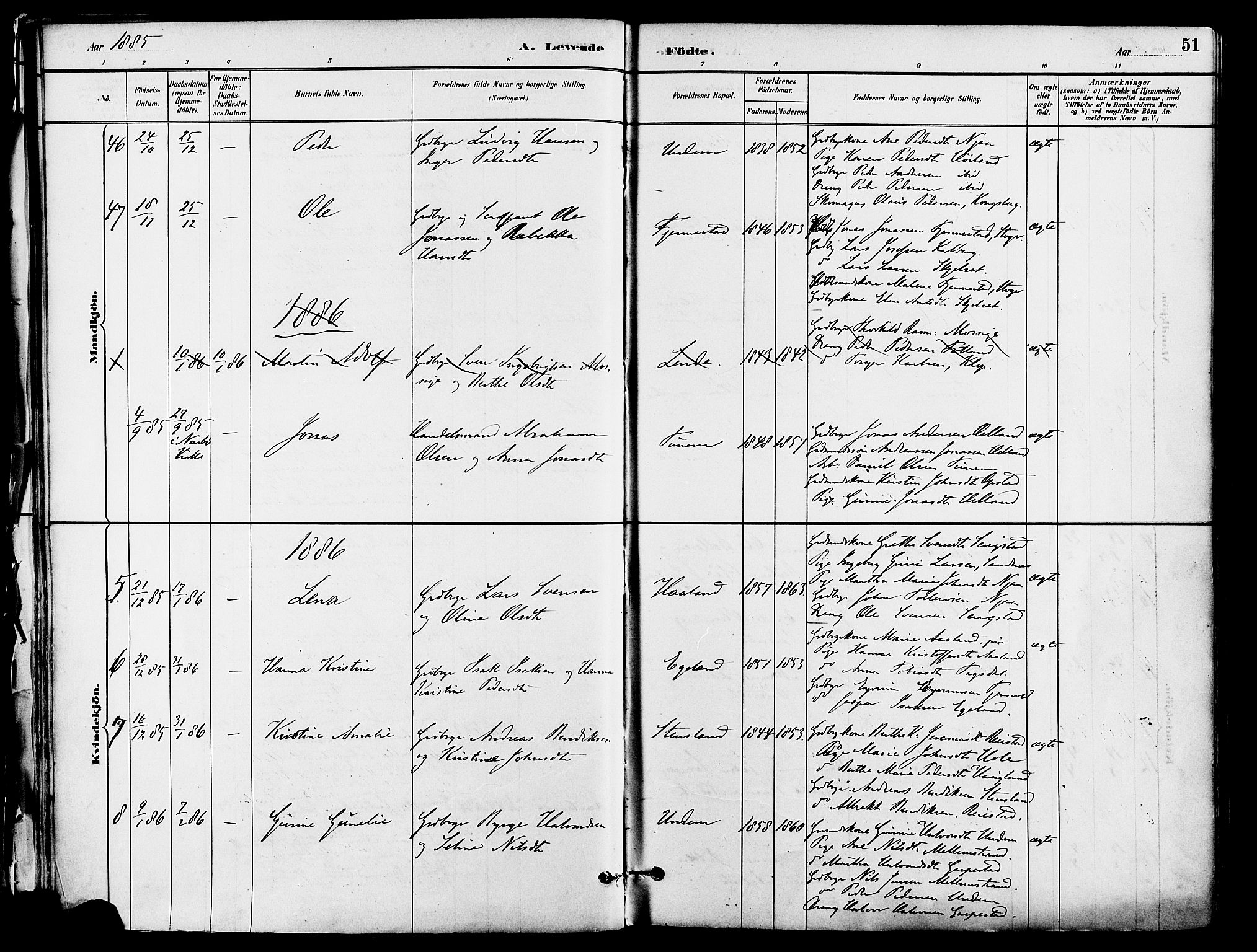 Lye sokneprestkontor, AV/SAST-A-101794/001/30BA/L0009: Ministerialbok nr. A 8, 1881-1892, s. 51