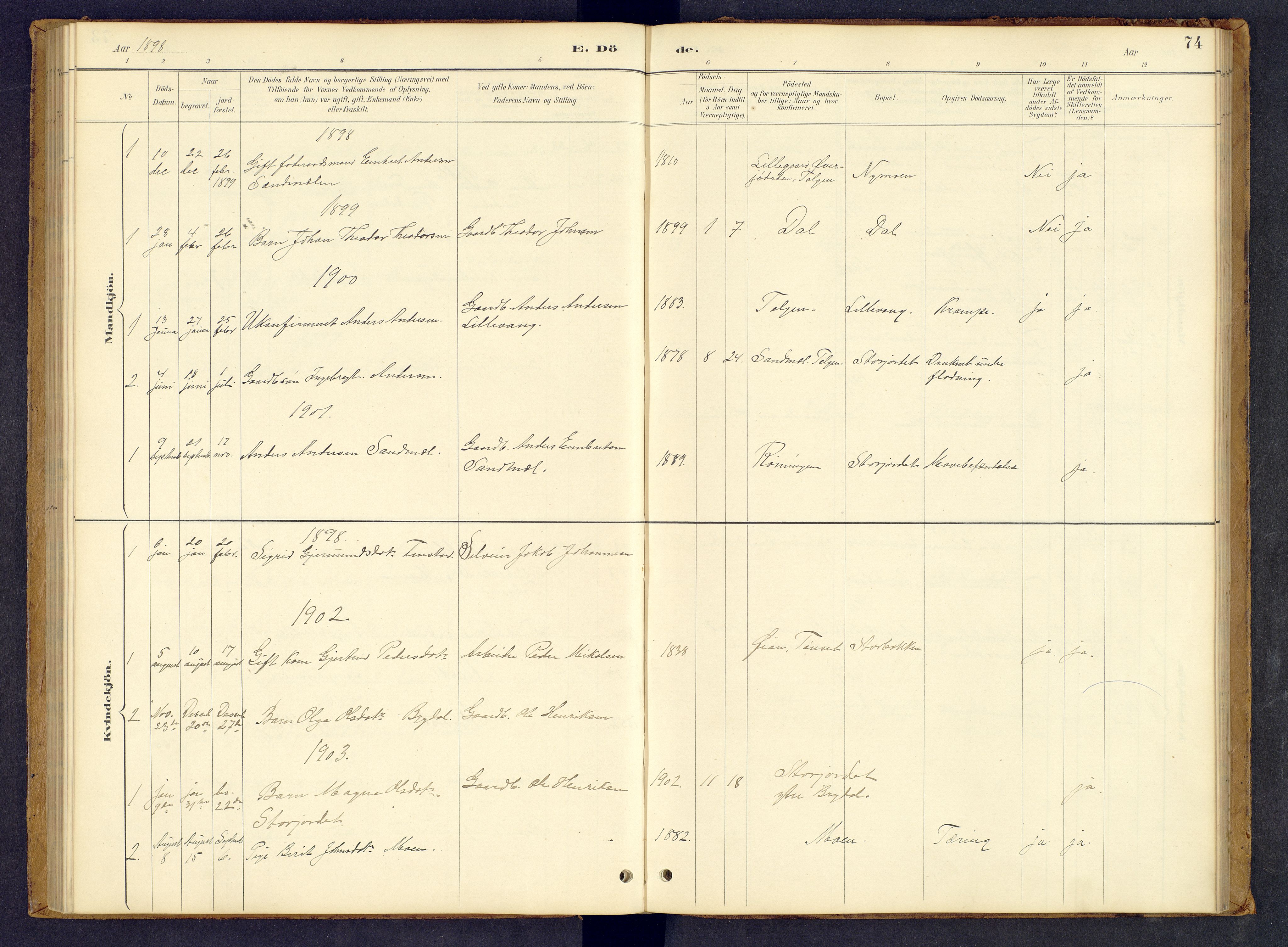 Tynset prestekontor, AV/SAH-PREST-058/H/Ha/Hab/L0008: Klokkerbok nr. 8, 1884-1916, s. 74