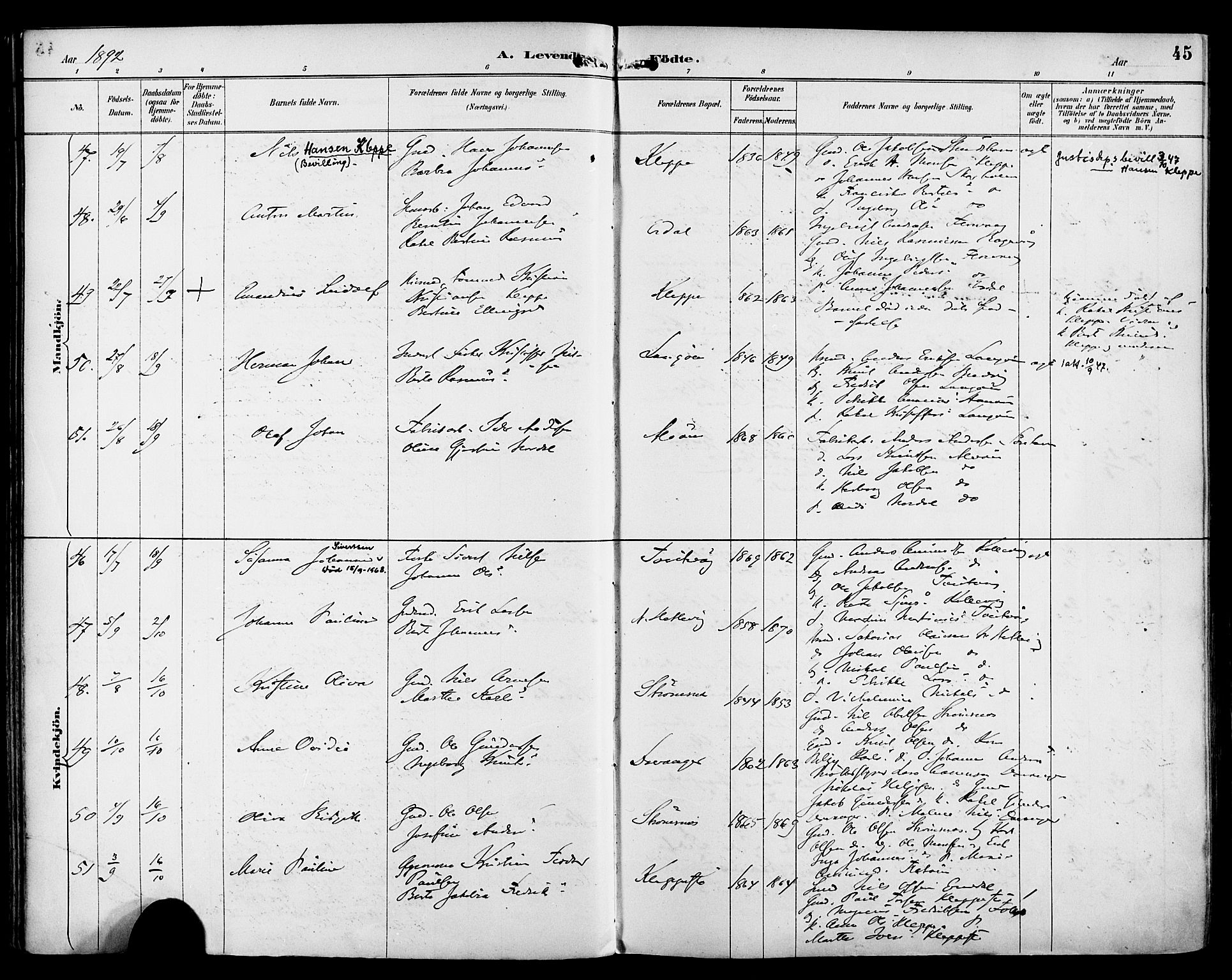Askøy Sokneprestembete, AV/SAB-A-74101/H/Ha/Haa/Haab/L0002: Ministerialbok nr. B 2, 1889-1902, s. 45