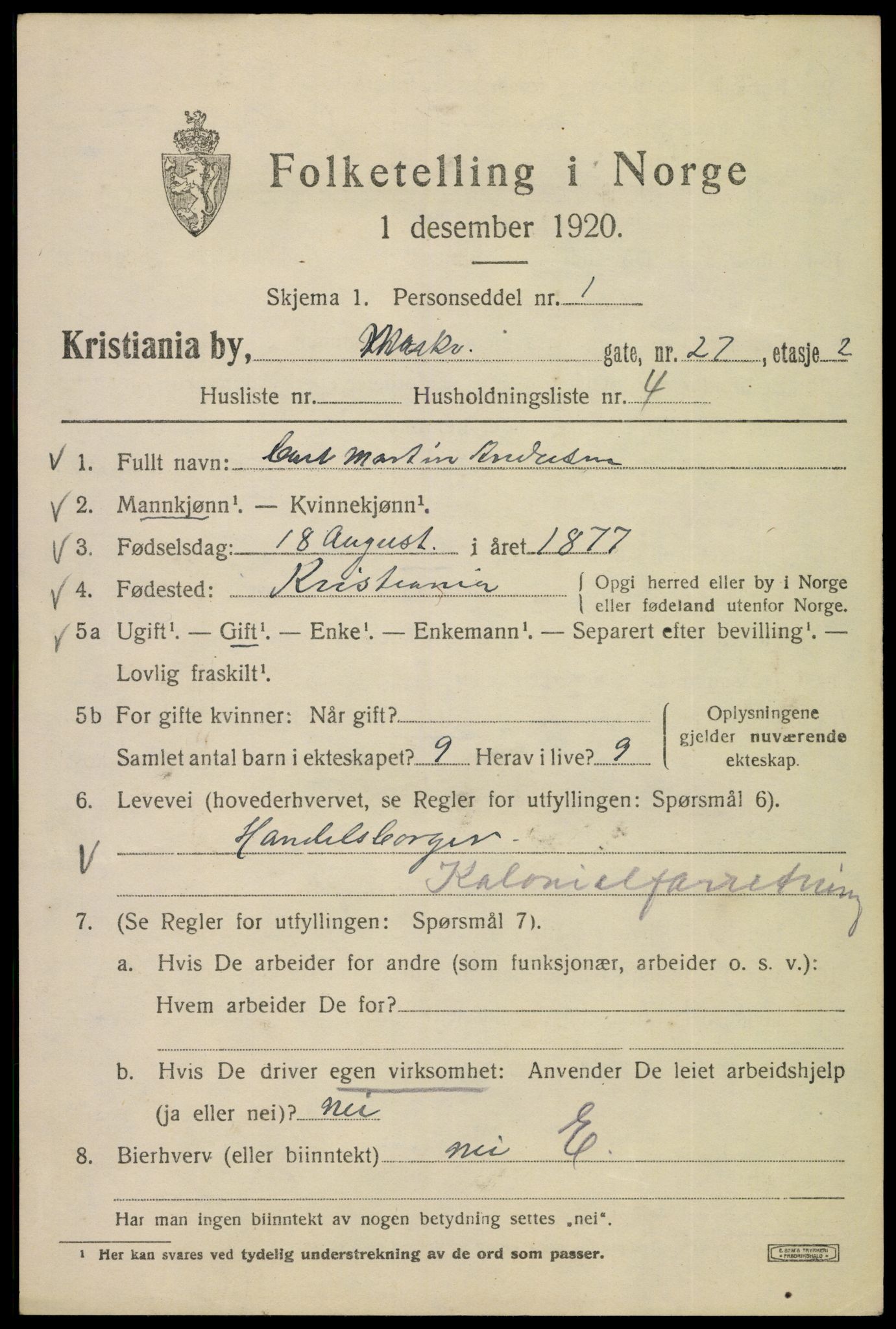 SAO, Folketelling 1920 for 0301 Kristiania kjøpstad, 1920, s. 387817