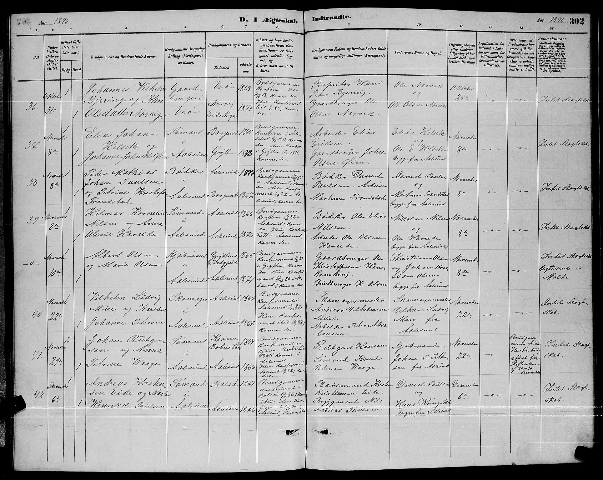 Ministerialprotokoller, klokkerbøker og fødselsregistre - Møre og Romsdal, AV/SAT-A-1454/529/L0467: Klokkerbok nr. 529C04, 1889-1897, s. 302