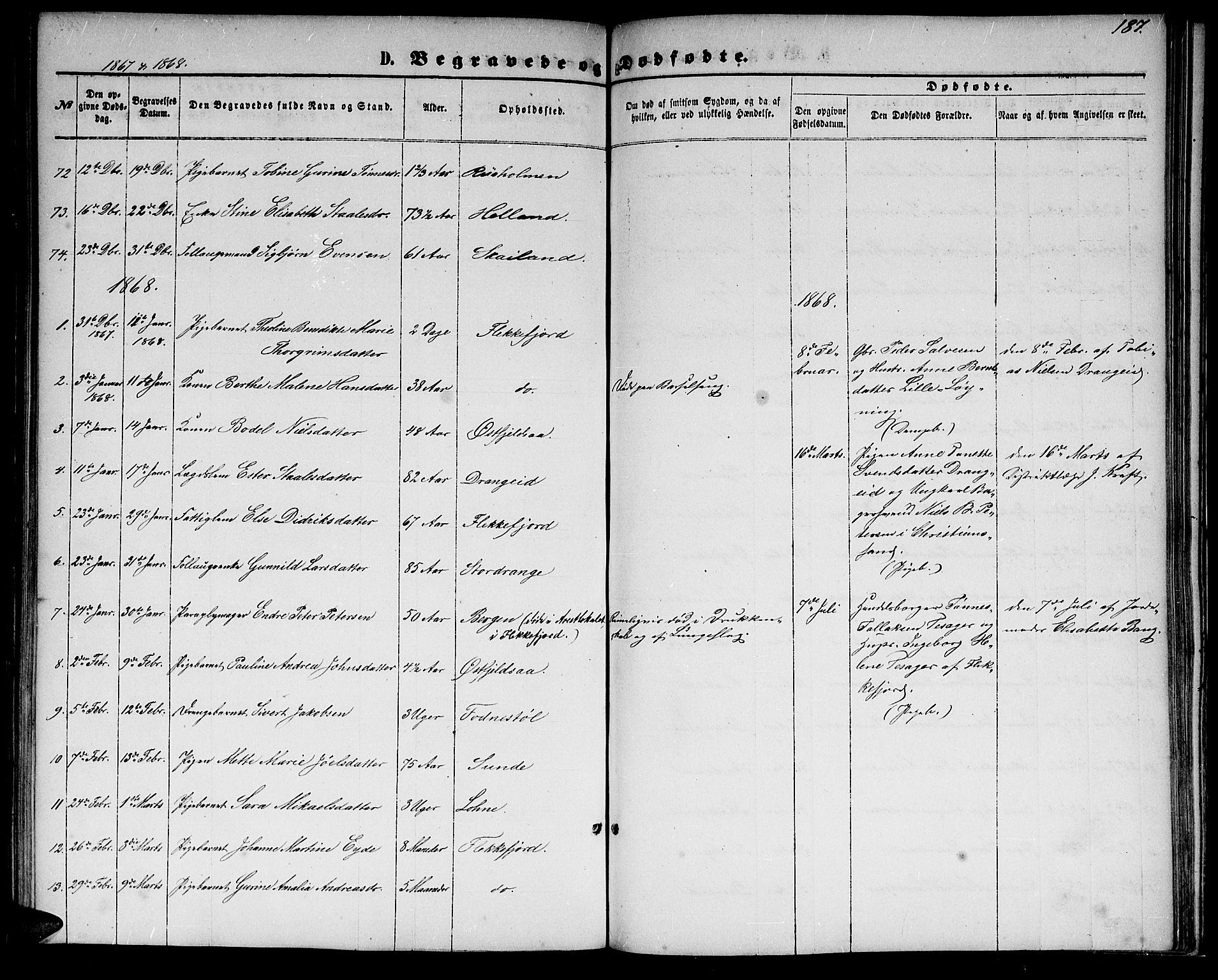 Flekkefjord sokneprestkontor, SAK/1111-0012/F/Fb/Fbc/L0006: Klokkerbok nr. B 6, 1866-1879, s. 187