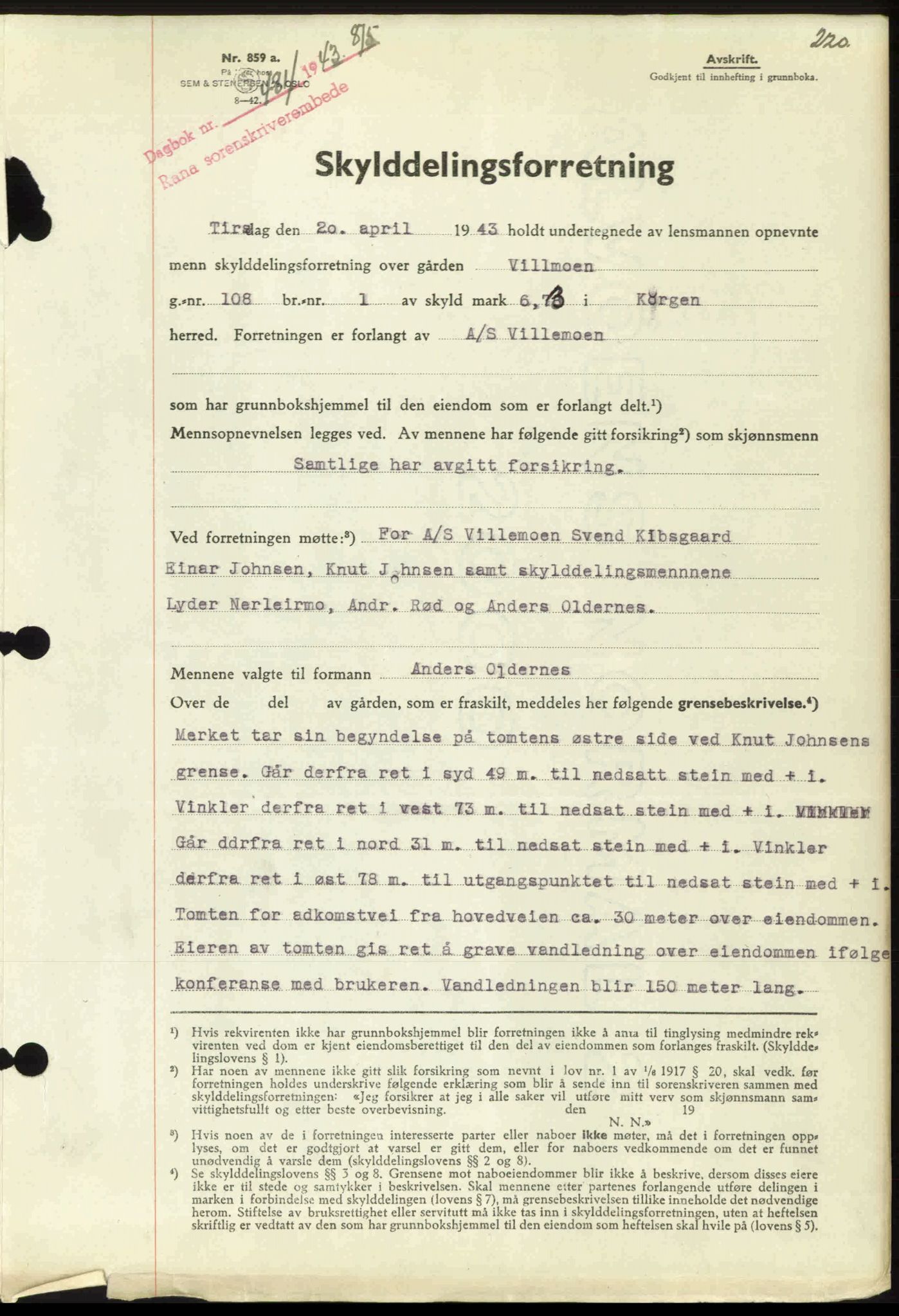 Rana sorenskriveri , SAT/A-1108/1/2/2C: Pantebok nr. A 10, 1942-1943, Dagboknr: 481/1943