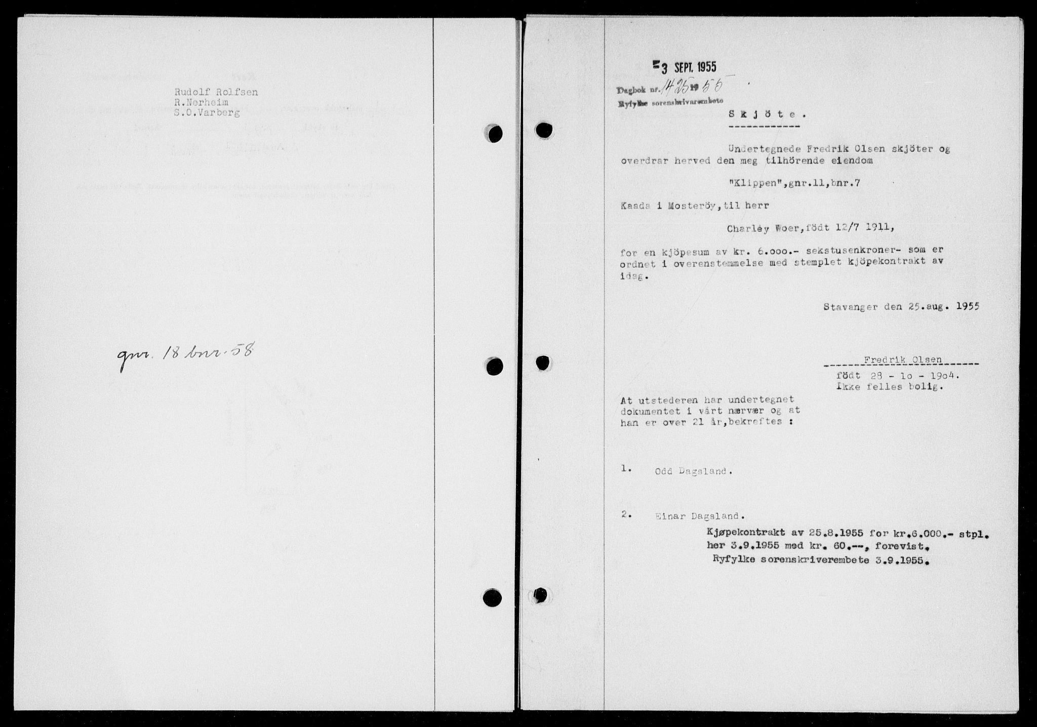 Ryfylke tingrett, SAST/A-100055/001/II/IIB/L0130: Pantebok nr. 109, 1955-1955, Dagboknr: 1425/1955