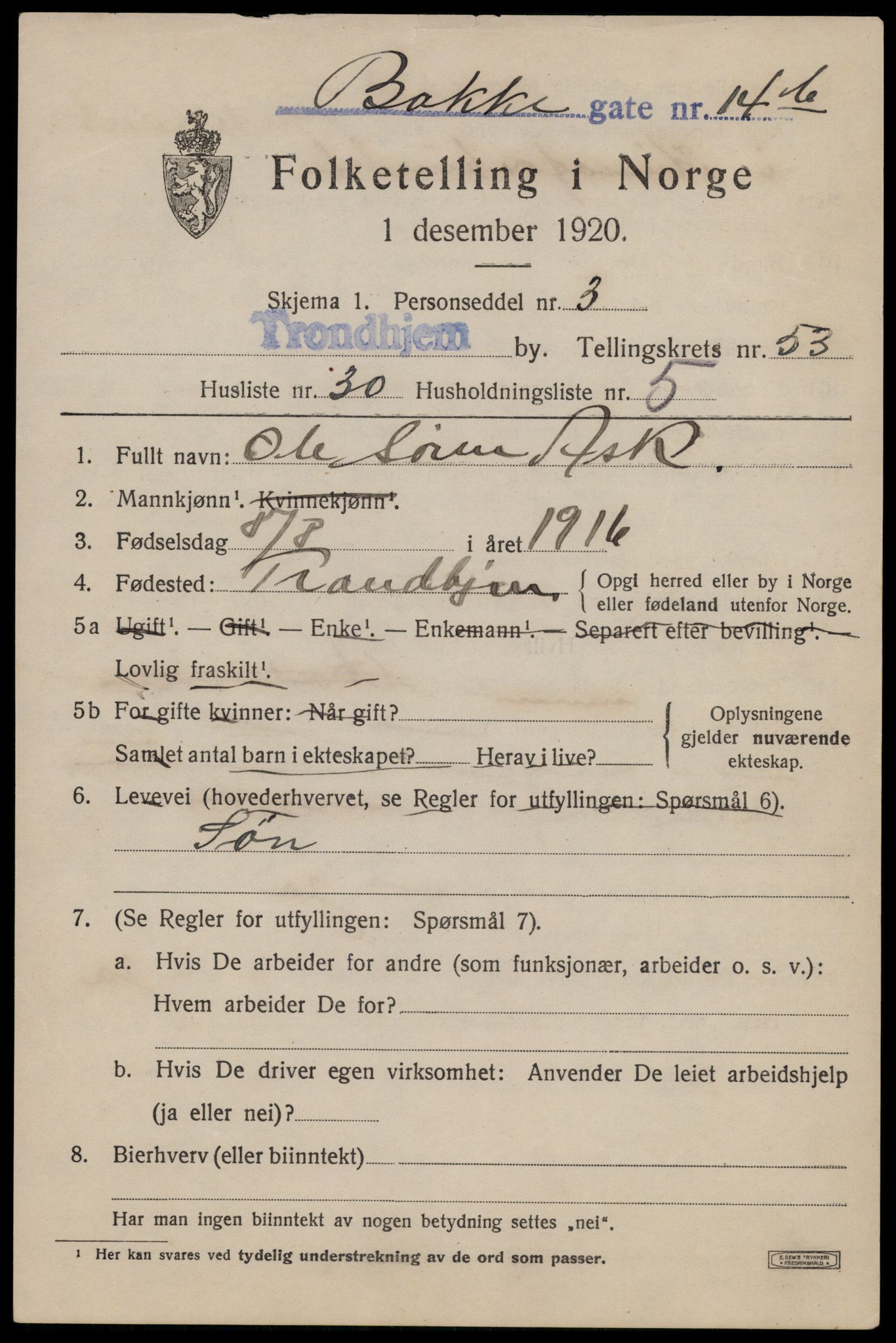 SAT, Folketelling 1920 for 1601 Trondheim kjøpstad, 1920, s. 109510