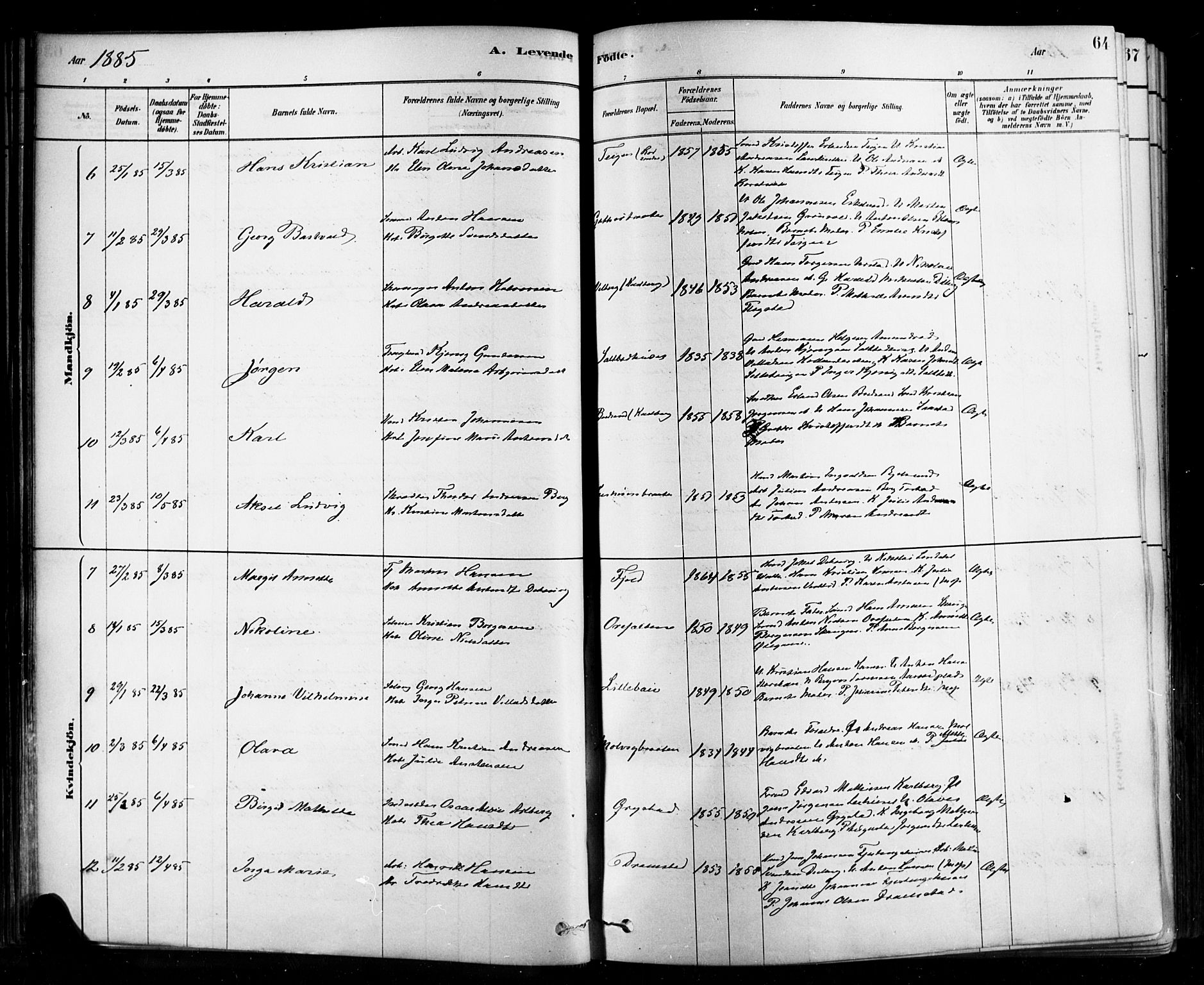 Rygge prestekontor Kirkebøker, AV/SAO-A-10084b/F/Fa/L0007: Ministerialbok nr. 7, 1878-1904, s. 64