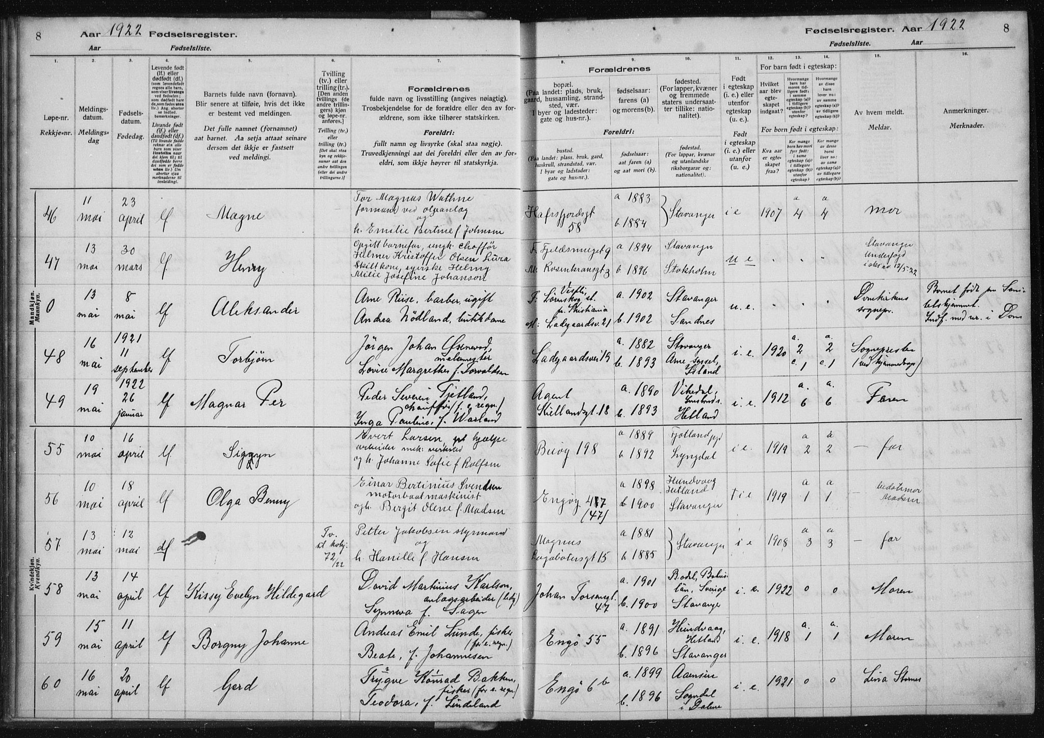 St. Petri sokneprestkontor, AV/SAST-A-101813/002/A/L0002: Fødselsregister nr. 2, 1922-1929, s. 8