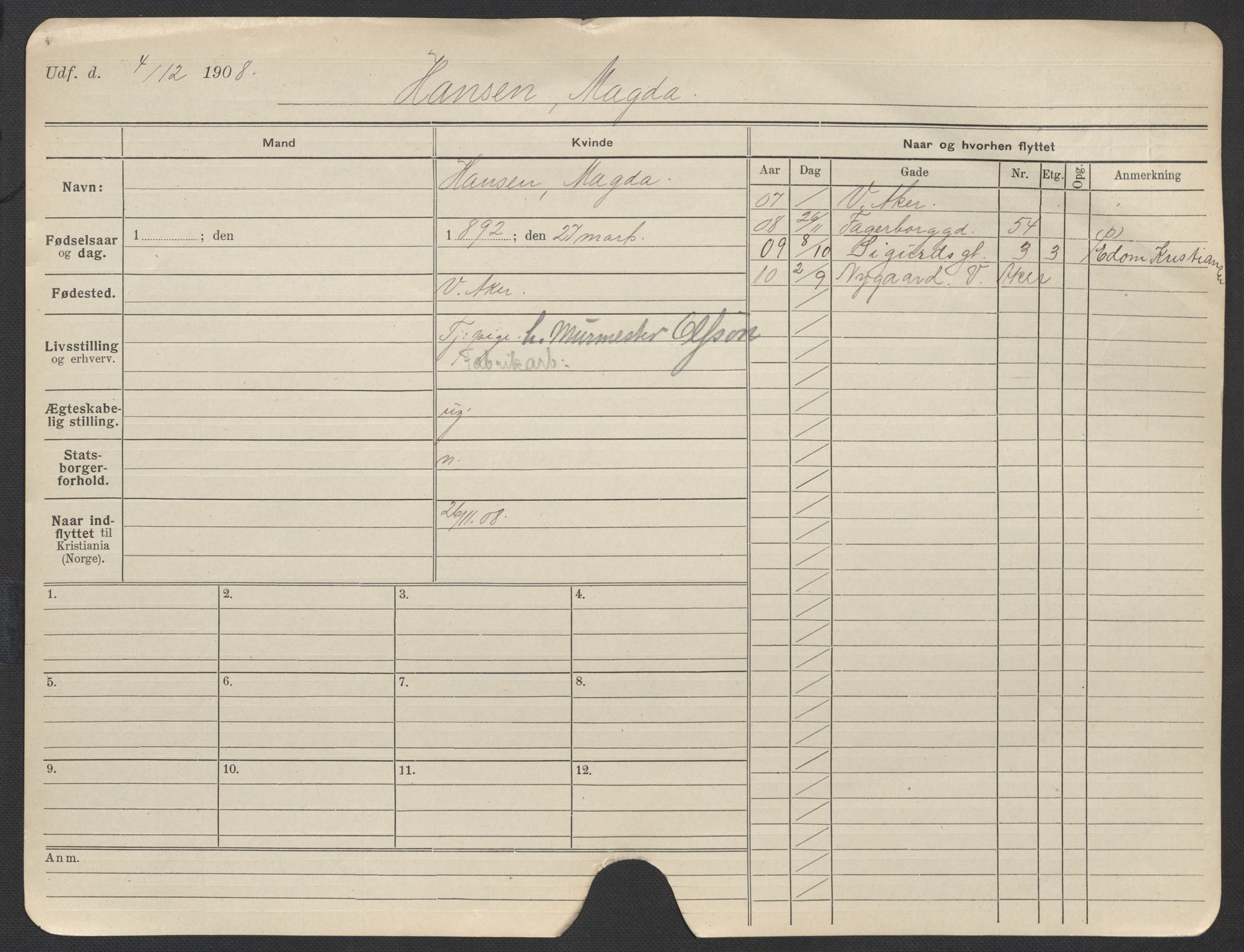 Oslo folkeregister, Registerkort, AV/SAO-A-11715/F/Fa/Fac/L0016: Kvinner, 1906-1914, s. 1b