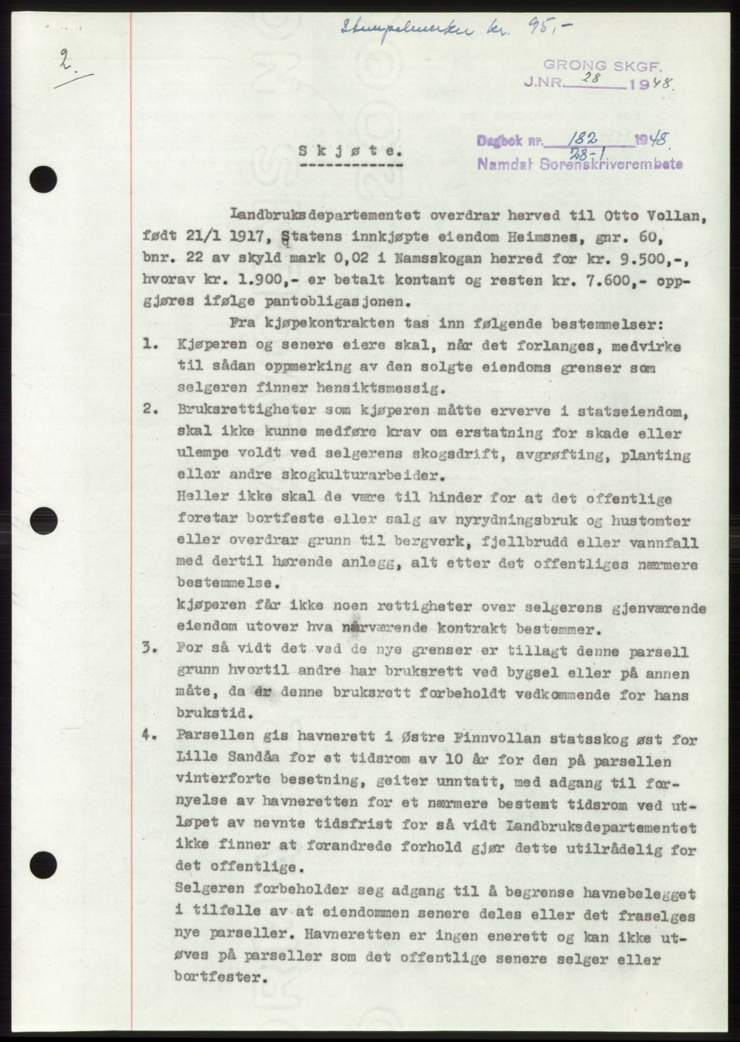 Namdal sorenskriveri, SAT/A-4133/1/2/2C: Pantebok nr. -, 1947-1948, Dagboknr: 182/1948