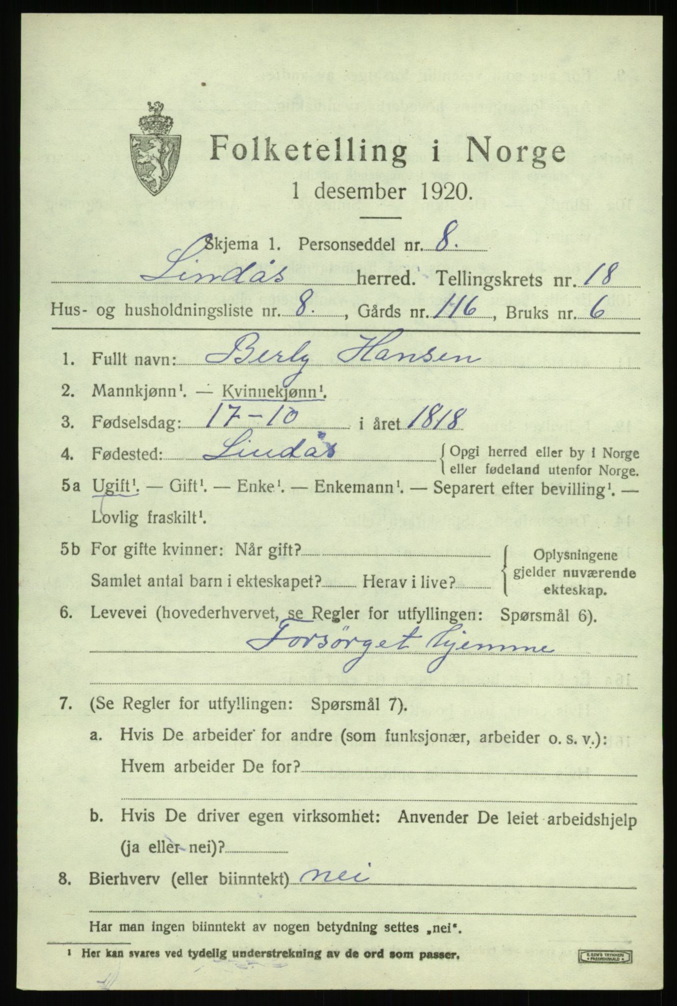 SAB, Folketelling 1920 for 1263 Lindås herred, 1920, s. 9377