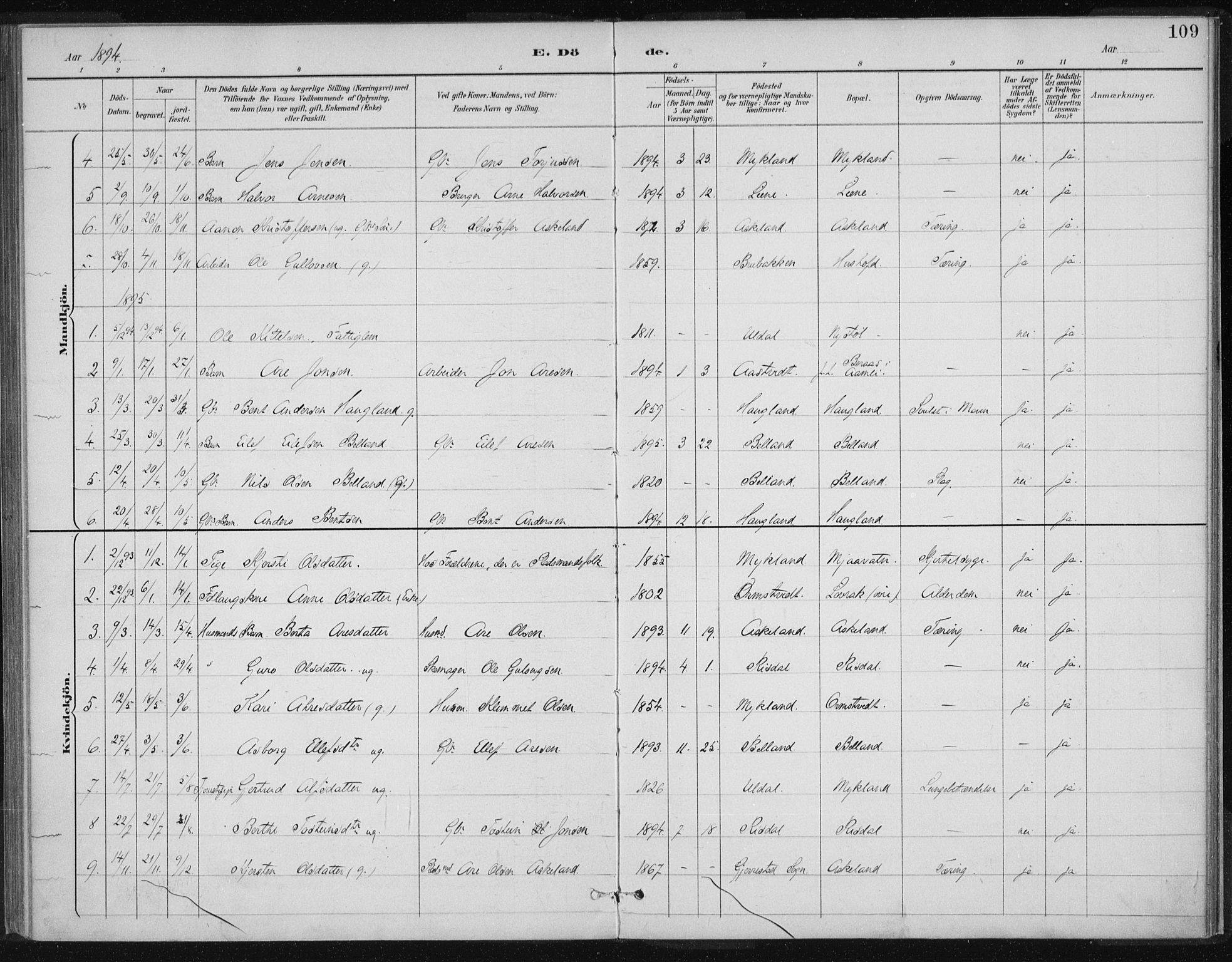 Herefoss sokneprestkontor, SAK/1111-0019/F/Fa/Fac/L0002: Ministerialbok nr. A 2, 1887-1915, s. 109